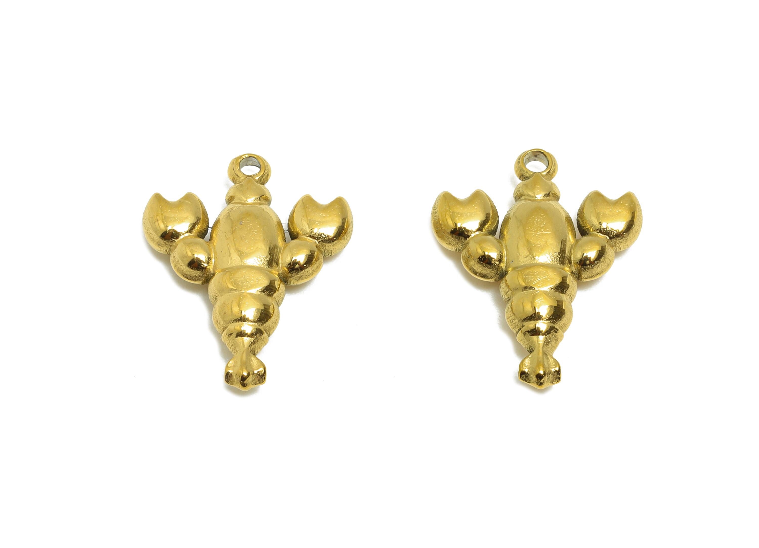 Gold Steel Lobster Charms - Cute Marine Life Pendant - Ocean Animal Jewelry Component - 24K Real Vacuum Plated - 17.6x13.8x3.06mm - SS2750 - DOMEDBAZAAR