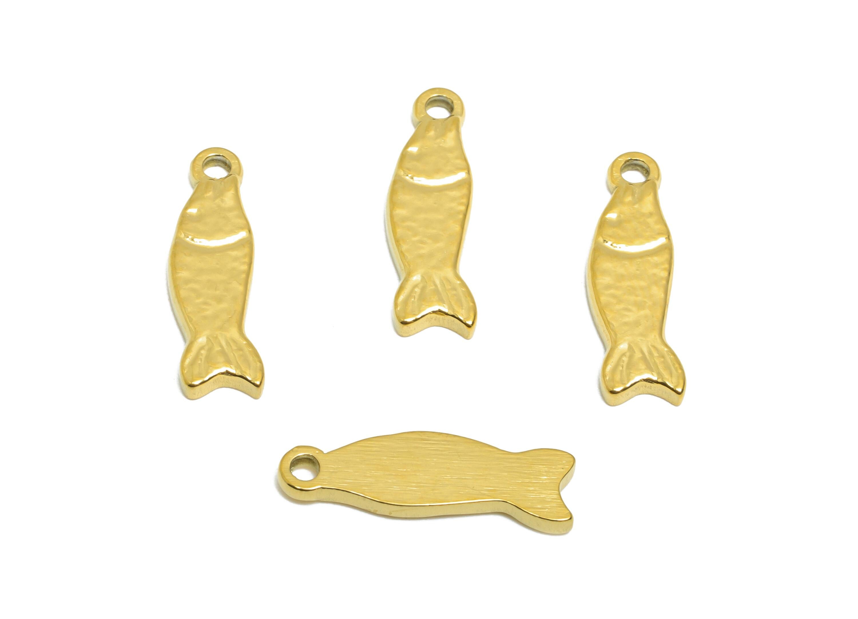 Gold Steel Fish Charm - Cute Marine Life Bracelet Charm - Ocean Animal Jewelry Component - 24K Real Vacuum Plated - 16.8x5.16x1.6mm - SS2751 - DOMEDBAZAAR