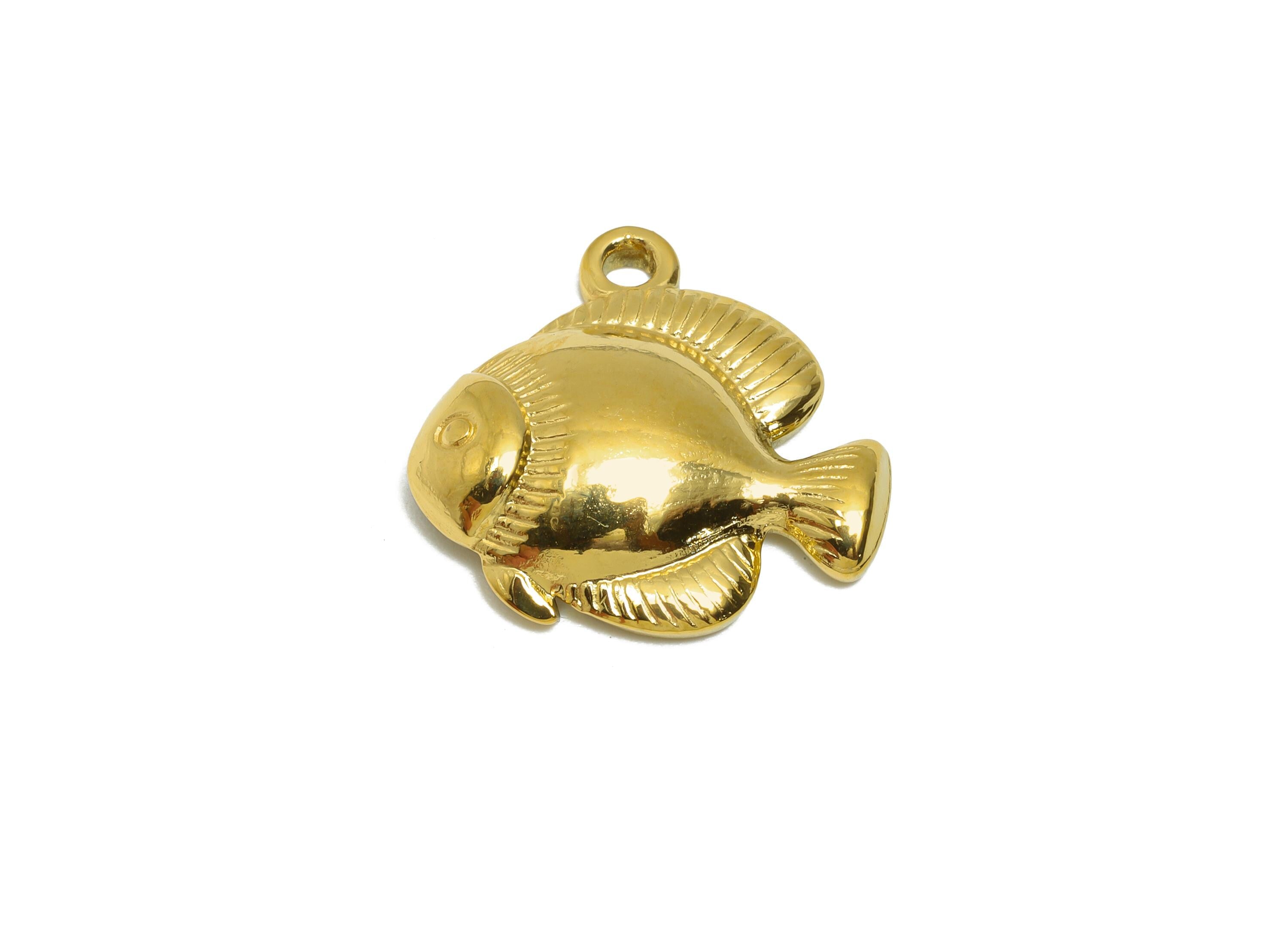 Gold Steel Fish Charm - Tropical Marine Life Necklace Pendant - Sea Animal Jewelry Finding - 24K Real Vacuum Plated - 18.4x19x3.9mm - SS2752 - DOMEDBAZAAR