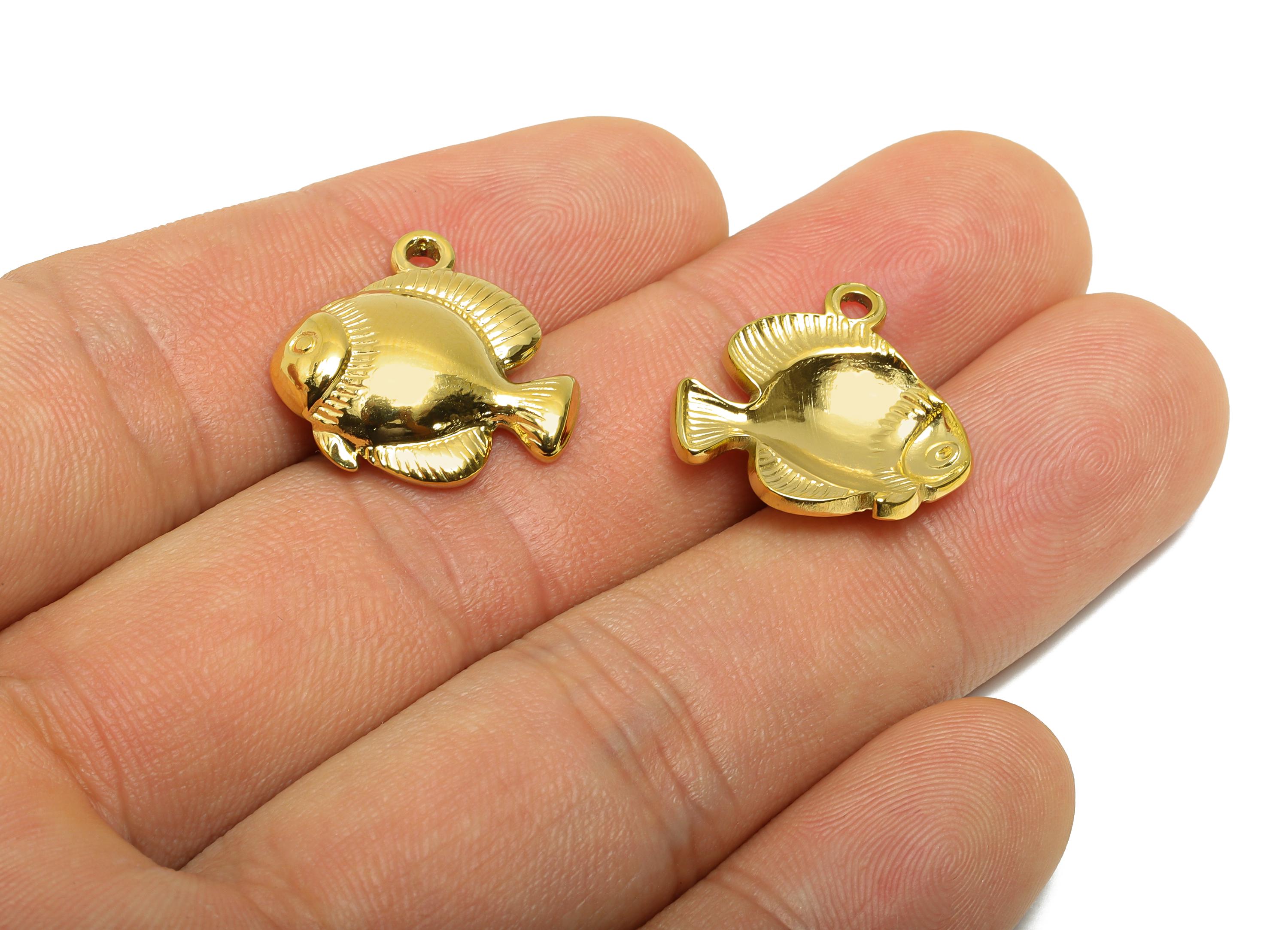 Gold Steel Fish Charm - Tropical Marine Life Necklace Pendant - Sea Animal Jewelry Finding - 24K Real Vacuum Plated - 18.4x19x3.9mm - SS2752 - DOMEDBAZAAR