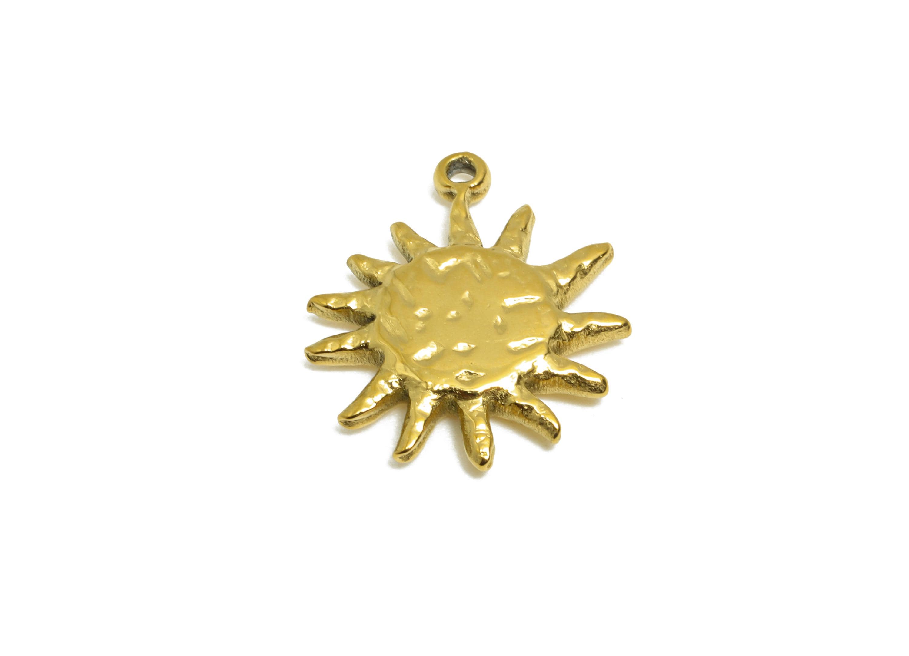 Gold Steel Sun Charm - Shiny Celestial Sun Necklace Pendant - Bohemian Jewelry Finding - 24K Real Vacuum Plated - 16.5x14.8x2.6mm - SS2753 - DOMEDBAZAAR