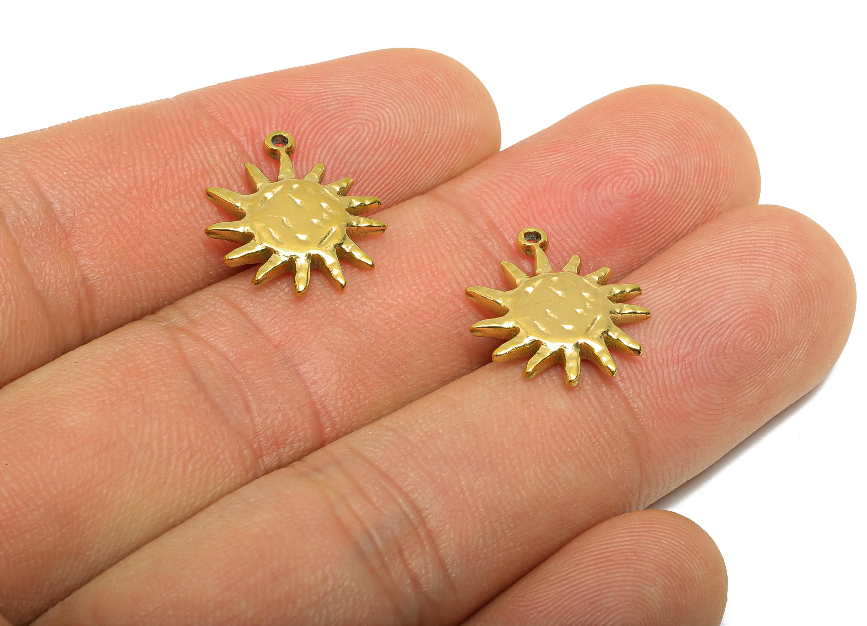 Gold Steel Sun Charm - Shiny Celestial Sun Necklace Pendant - Bohemian Jewelry Finding - 24K Real Vacuum Plated - 16.5x14.8x2.6mm - SS2753 - DOMEDBAZAAR