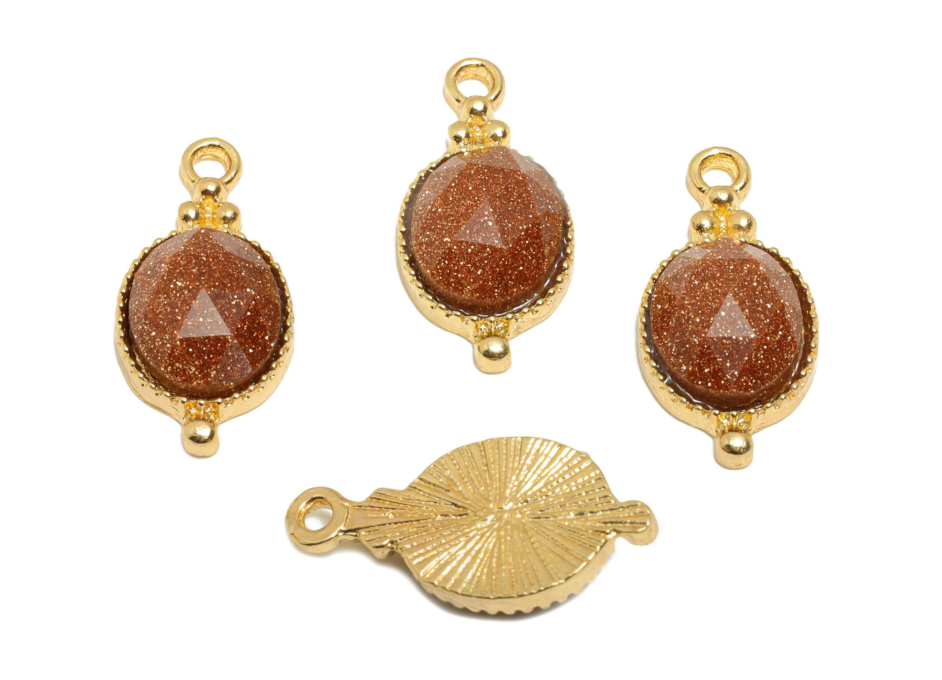 Gold Stone Pendant - Vintage Brown Glitter Charm - Sparkling Stone Pendant - Handmade Jewelry Supply - Gold Tone Plating - 20x9x4mm - NS3115 - DOMEDBAZAAR