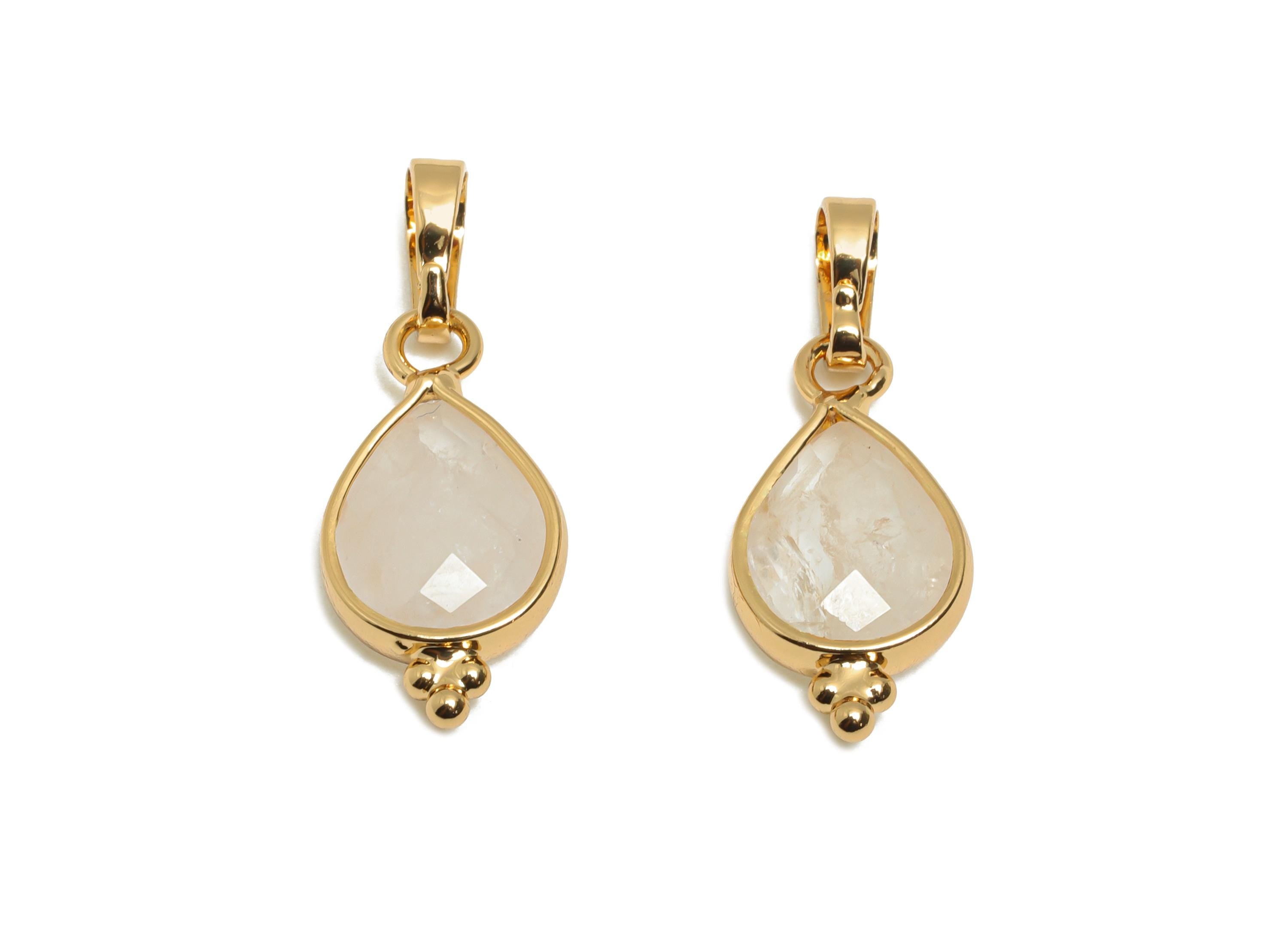 Brass Teardrop Stone Pendant - White Crystal Charm - Sparkling Faceted Gemstone - Handmade Jewelry  - Gold Tone Plating - 20x9x4mm - NS3111 - DOMEDBAZAAR