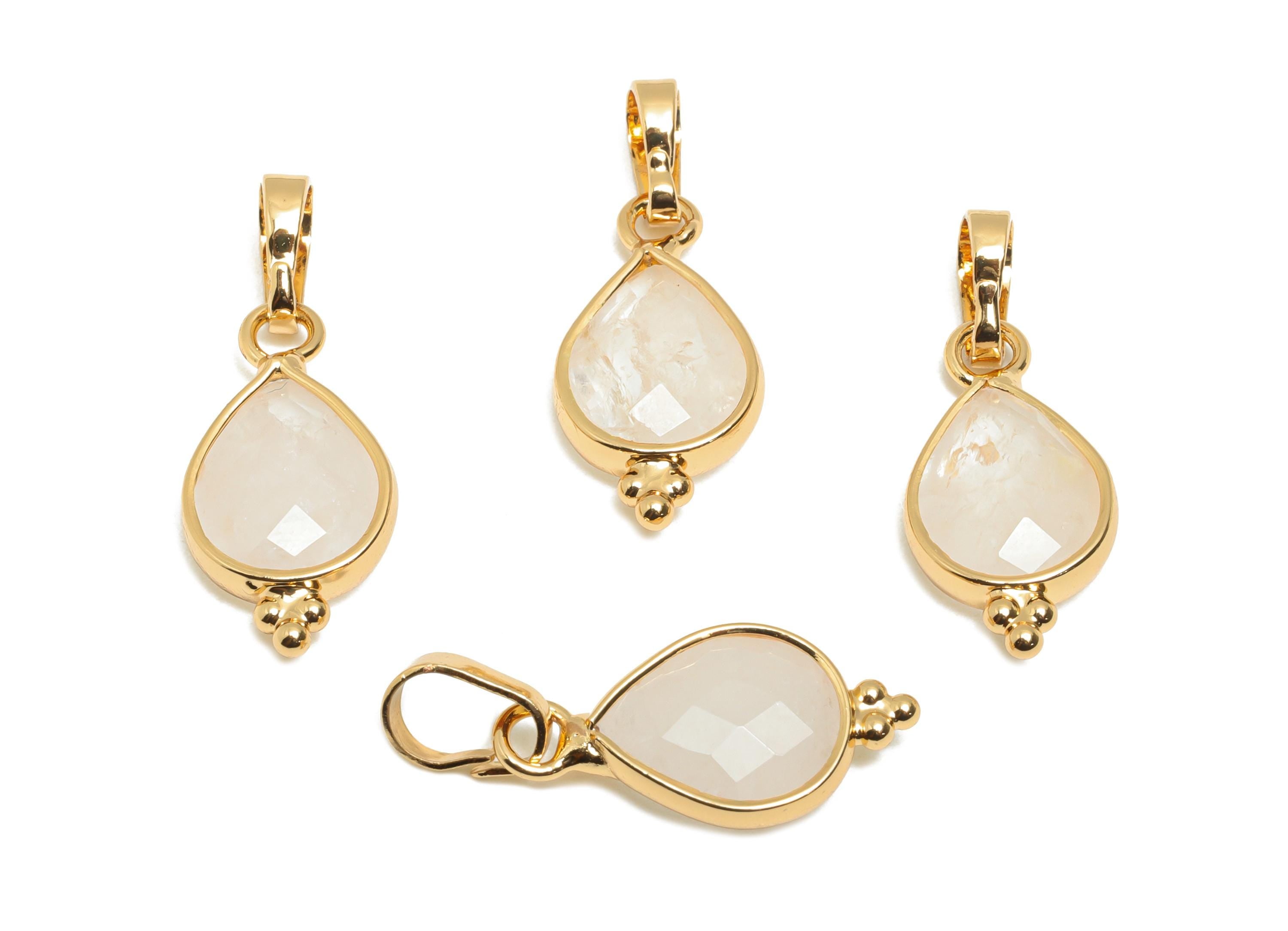 Brass Teardrop Stone Pendant - White Crystal Charm - Sparkling Faceted Gemstone - Handmade Jewelry  - Gold Tone Plating - 20x9x4mm - NS3111 - DOMEDBAZAAR