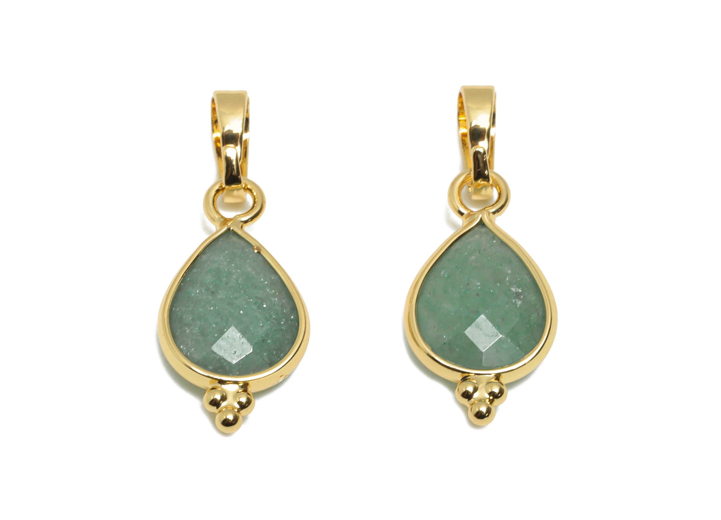 Brass Teardrop Green Aventurine Stone Pendant - Sparkling Faceted Natural Gemstone - Handmade Jewelry  - Gold Tone Plating - 22x8x3mm-NS3112 - DOMEDBAZAAR