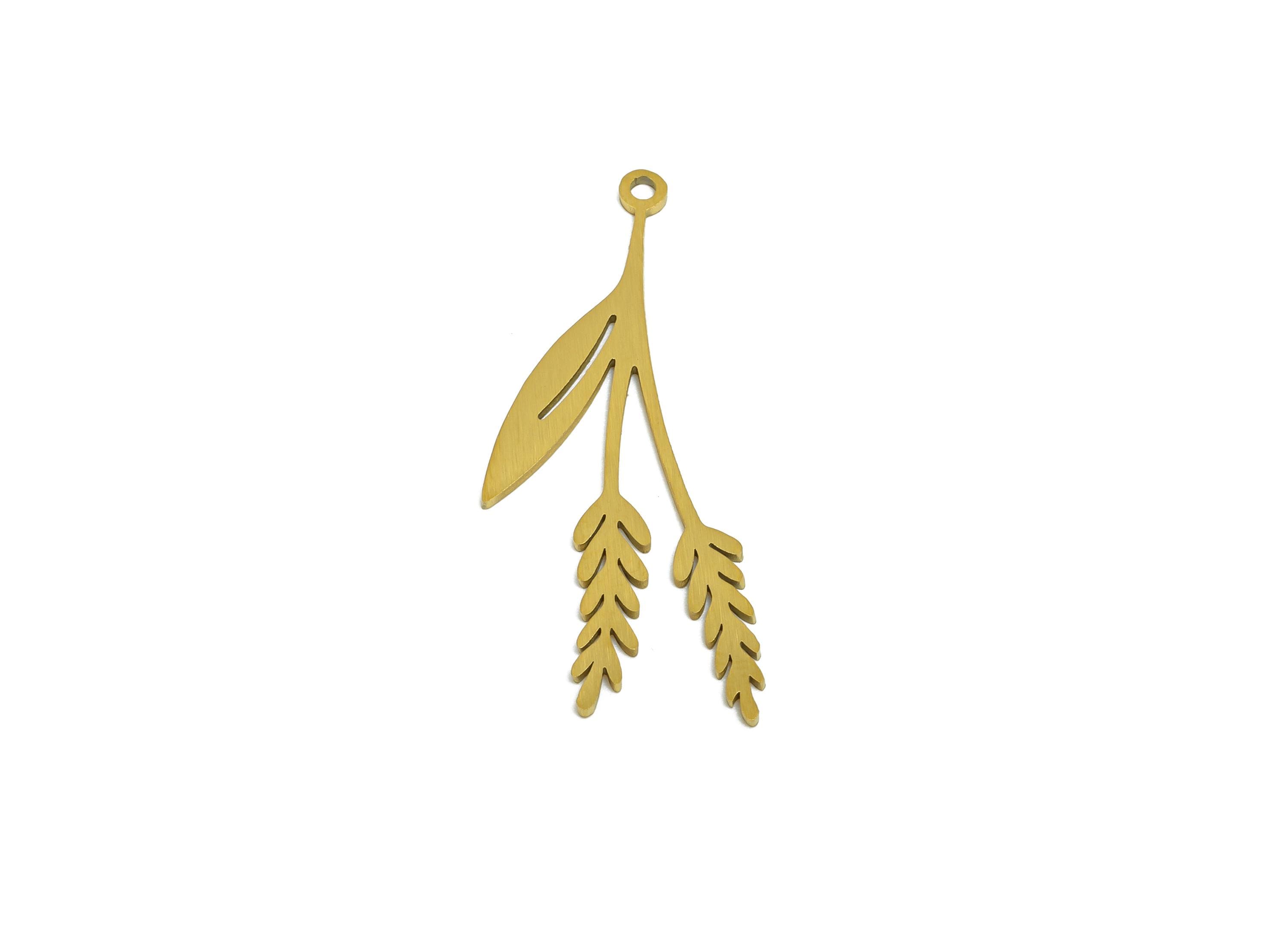 Steel Gold Wheat Leaf Charms - Geometric Botanical Charm - Nature Plant Charm for Necklace - Real Vacuum Plated - 29.9x11.4x0.9mm - SS2763 - DOMEDBAZAAR