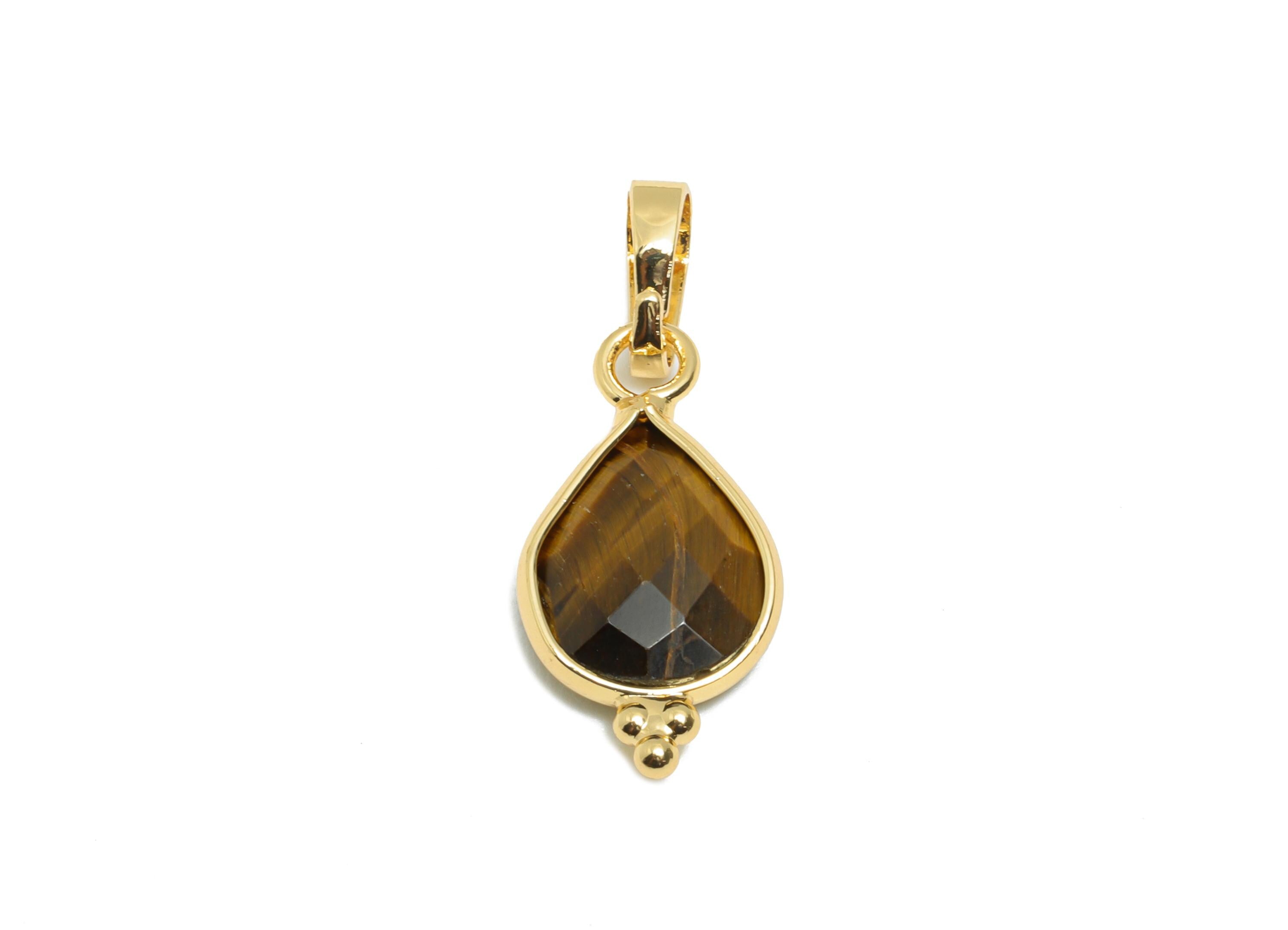Brass Teardrop Tiger Eye Stone - Nature Stone Pendant - Sparkling Faceted Stone - Handmade Jewelry - Gold Tone Plating - 22x8x3mm - NS3114 - DOMEDBAZAAR