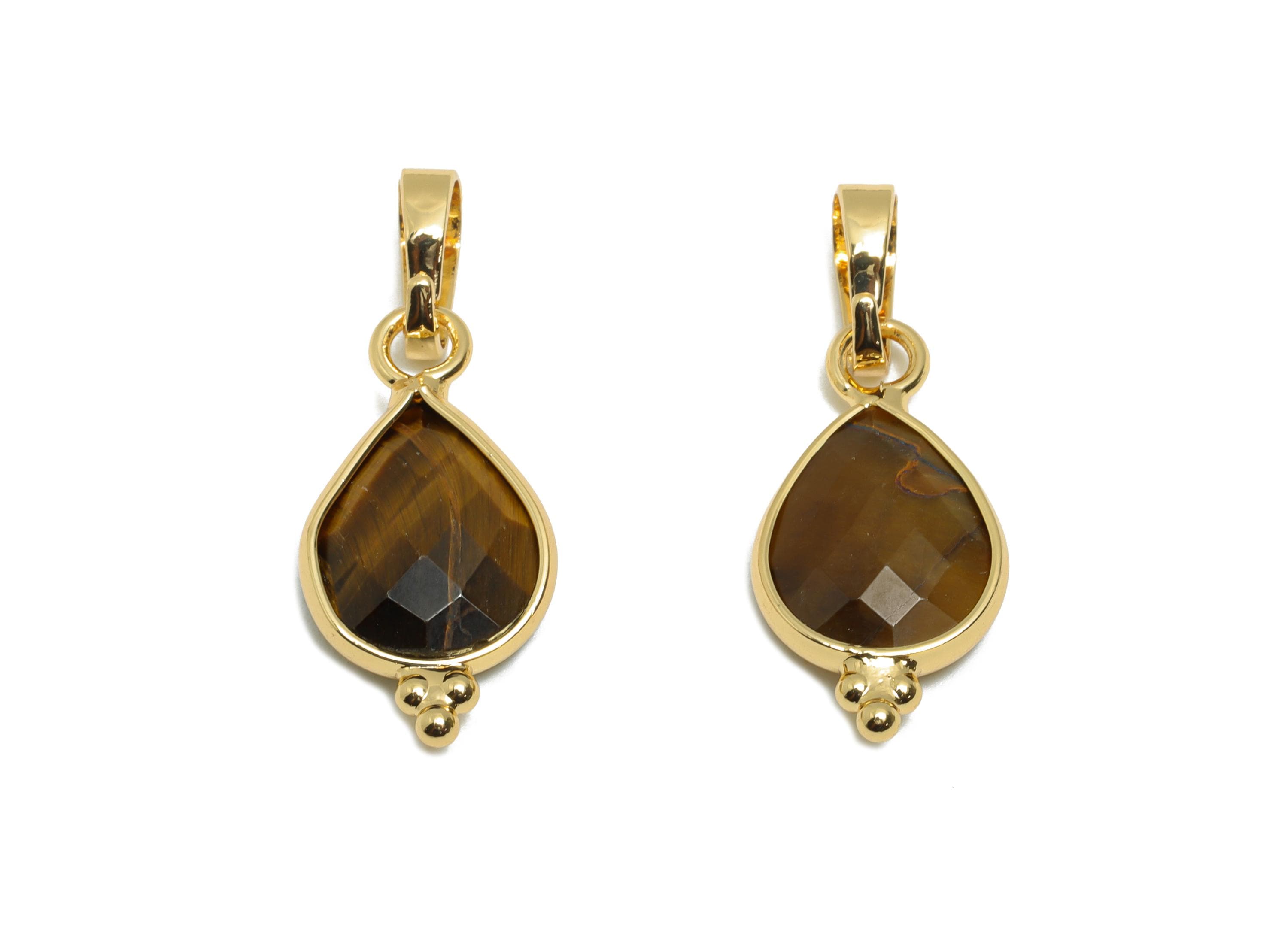 Brass Teardrop Tiger Eye Stone - Nature Stone Pendant - Sparkling Faceted Stone - Handmade Jewelry - Gold Tone Plating - 22x8x3mm - NS3114 - DOMEDBAZAAR