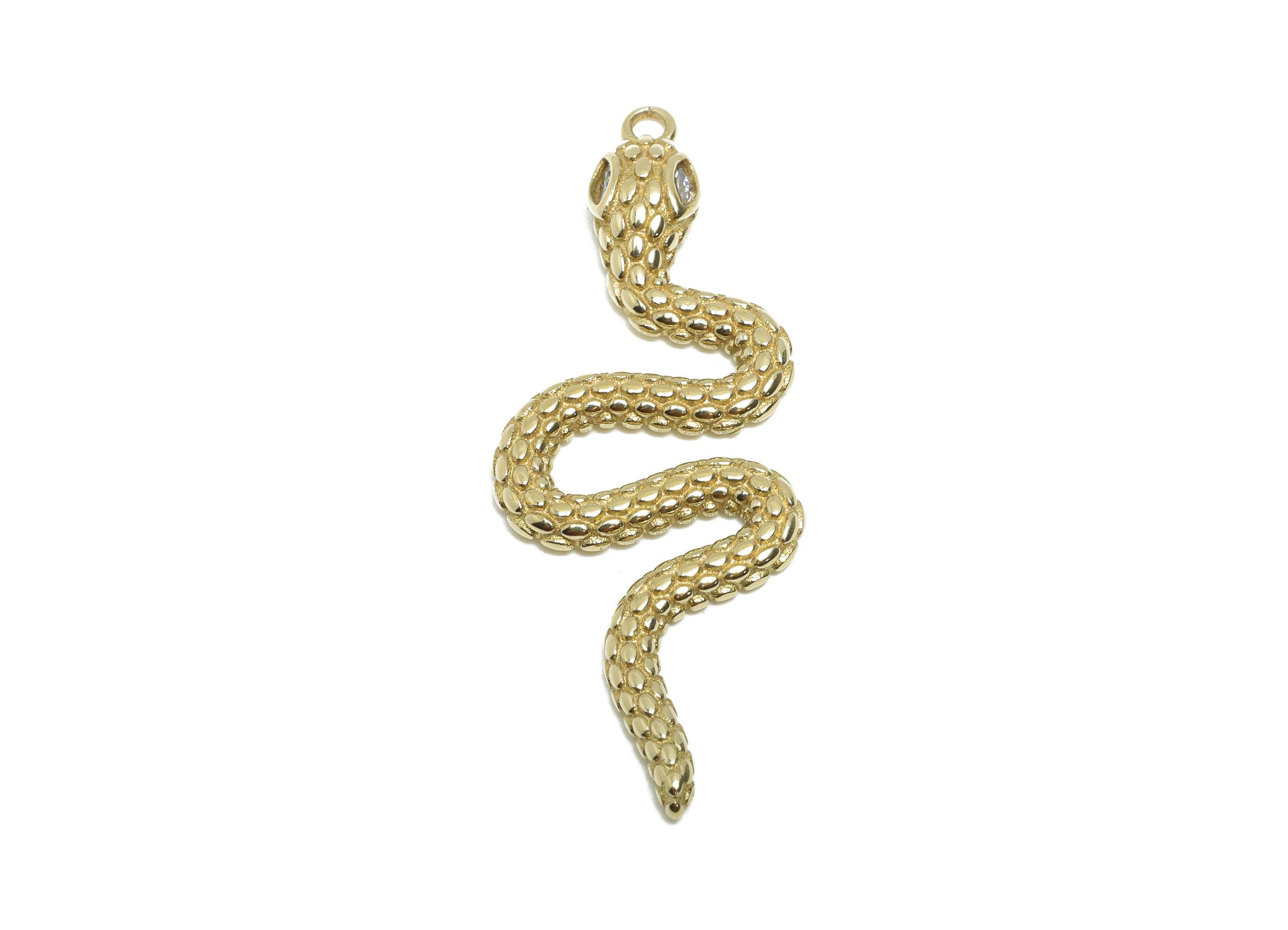 Raw Brass Snake Pendant - Zircon Serpent Necklace Pendant - Unique Textured Protection Jewelry - DIY Craft Making - 38.9x15x3.4mm - PP11453 - DOMEDBAZAAR
