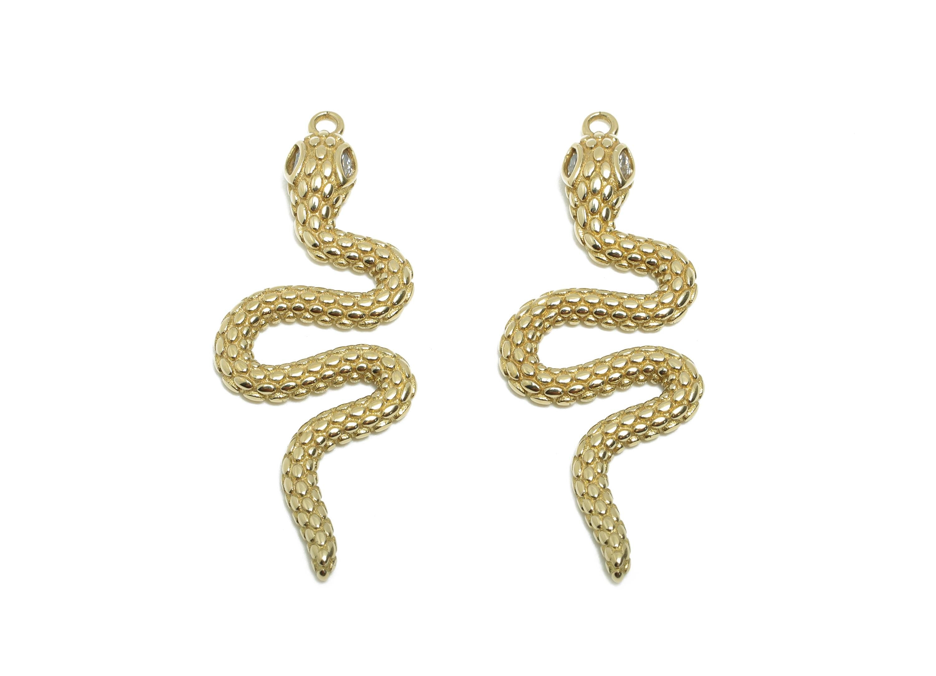 Raw Brass Snake Pendant - Zircon Serpent Necklace Pendant - Unique Textured Protection Jewelry - DIY Craft Making - 38.9x15x3.4mm - PP11453 - DOMEDBAZAAR