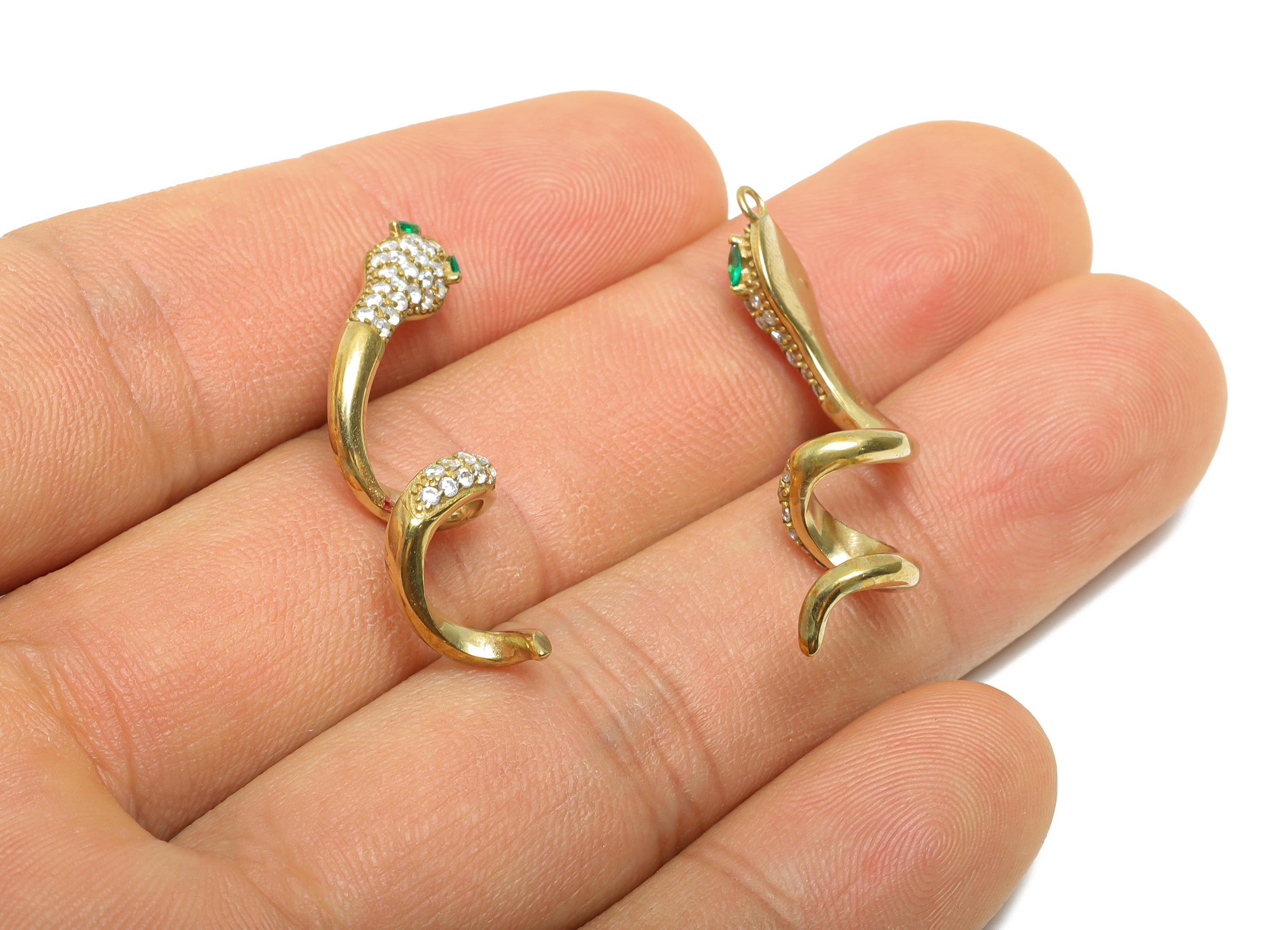 Raw Brass Snake Pendant - Zircon Serpent Necklace Pendant - Luxury Protection Jewelry - DIY Craft Making - 35.46x10.4x3.49mm - PP11454 - DOMEDBAZAAR