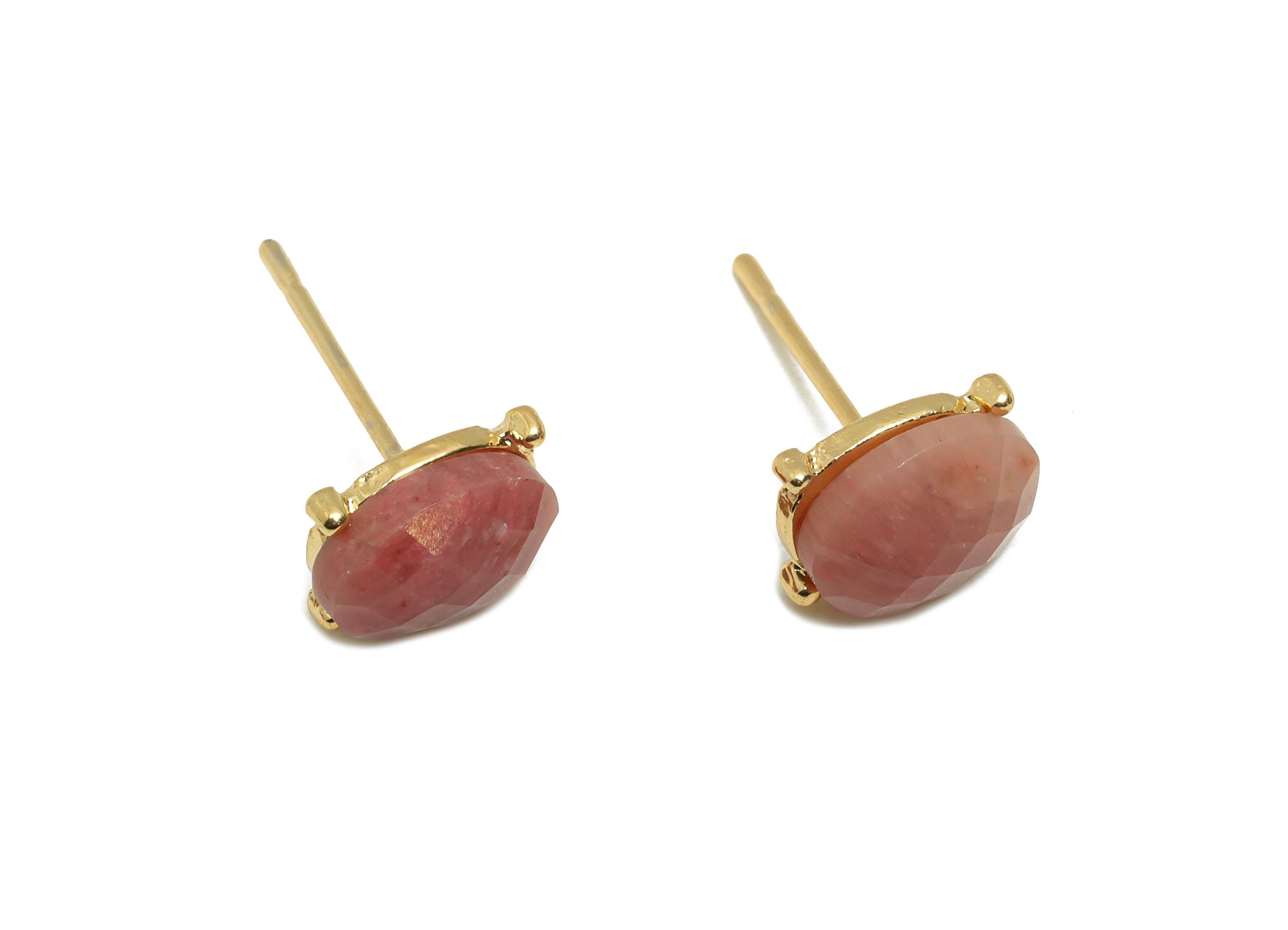 Alloy Rhodonite Oval Earring Stud - Nature Stone Earring - Vintage Faceted Gemstone Earring Stud - Gold Tone Plating - 8.4x6.6x4mm - NS3120 - DOMEDBAZAAR