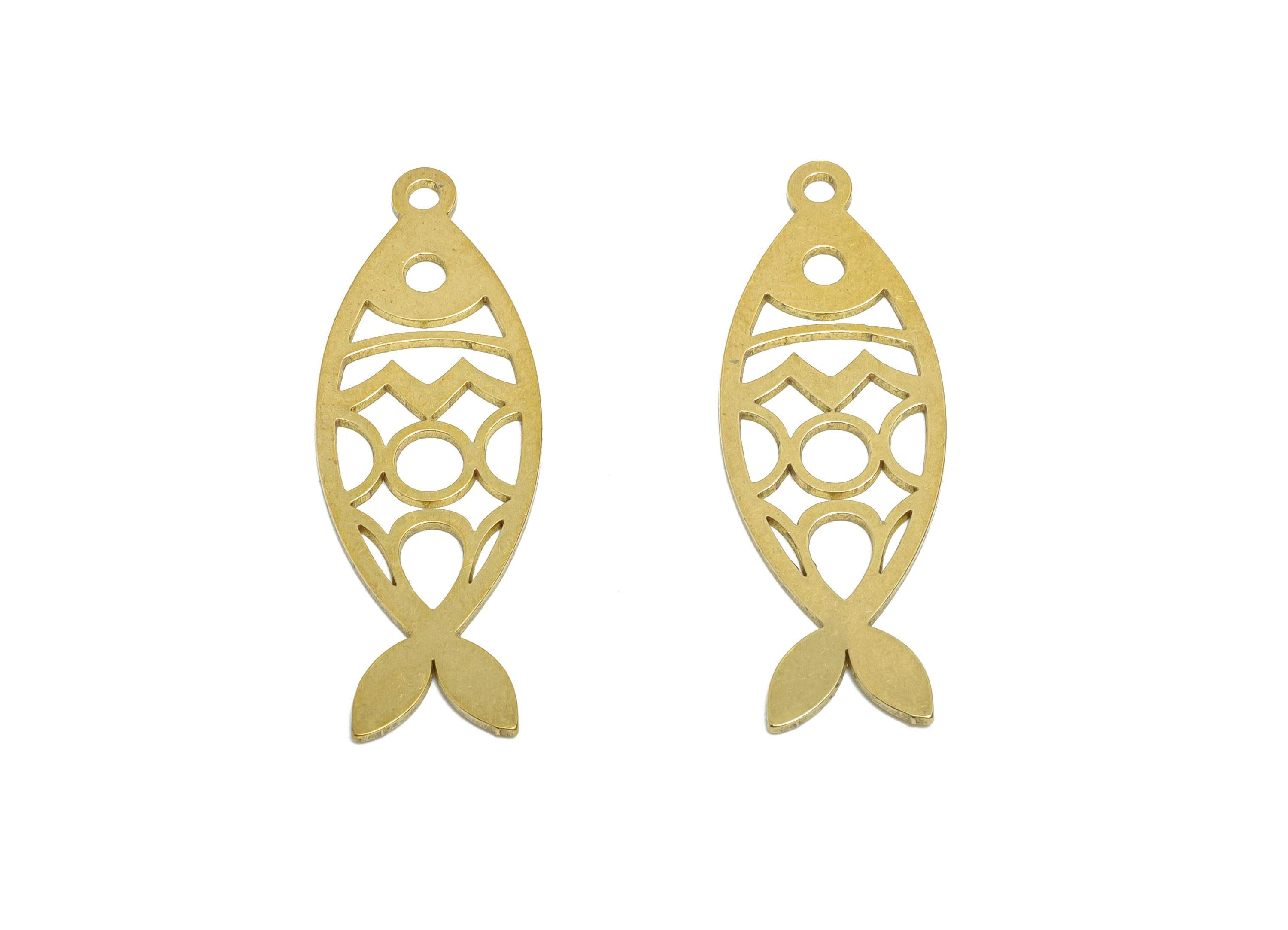Brass Fish Earring Charms - Raw Brass Marine Life Pendant - Minimalist Fish Design Charms - Jewelry Supplies - 31.8x11.2x0.7mm - PP11492 - DOMEDBAZAAR