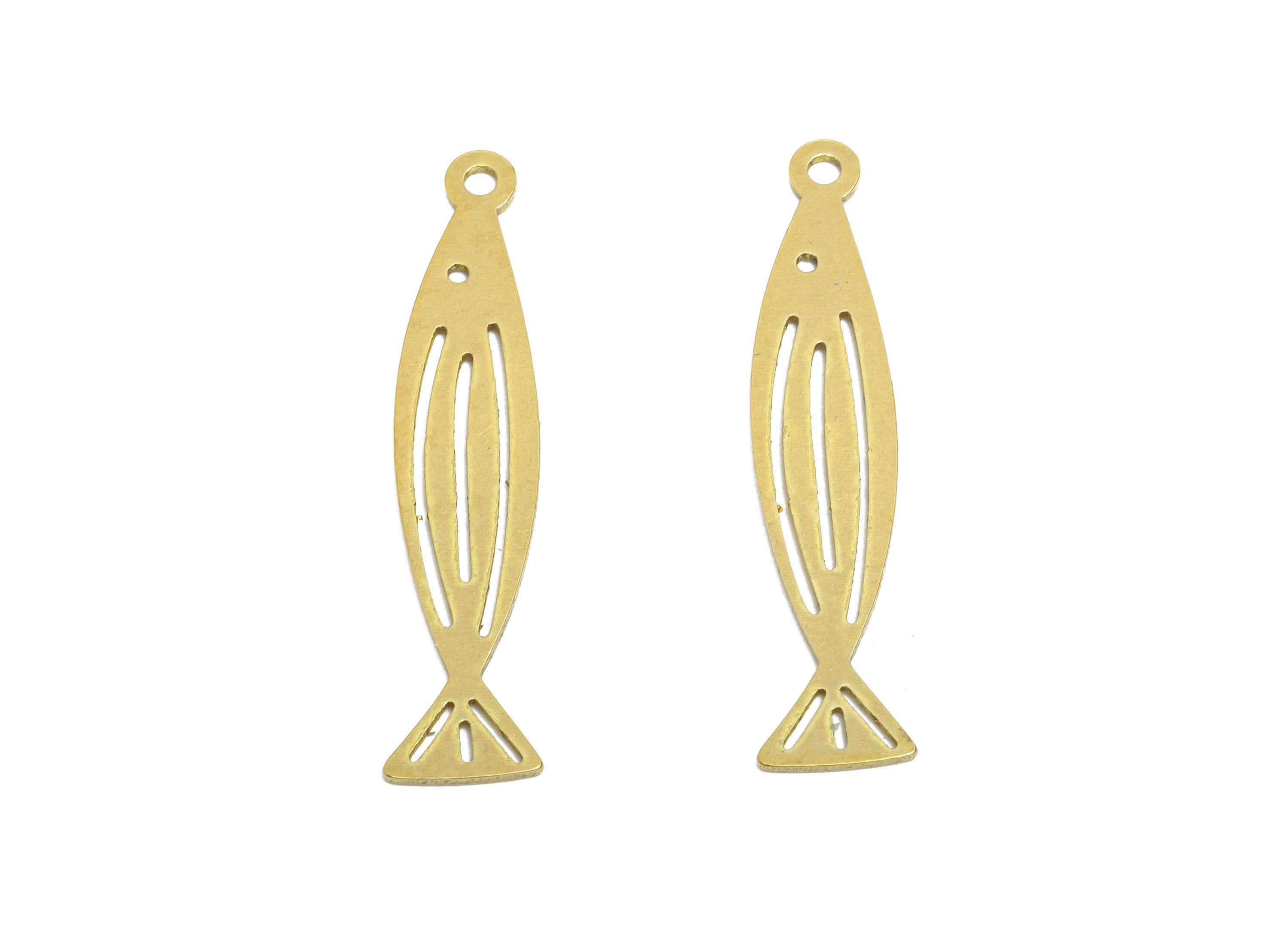Brass Fish Earring Charm - Raw Brass Marine Life Pendant - Geometric Fish Design Charm - Jewelry Making Supplies - 31.75x6.6x0.8mm - PP11495 - DOMEDBAZAAR
