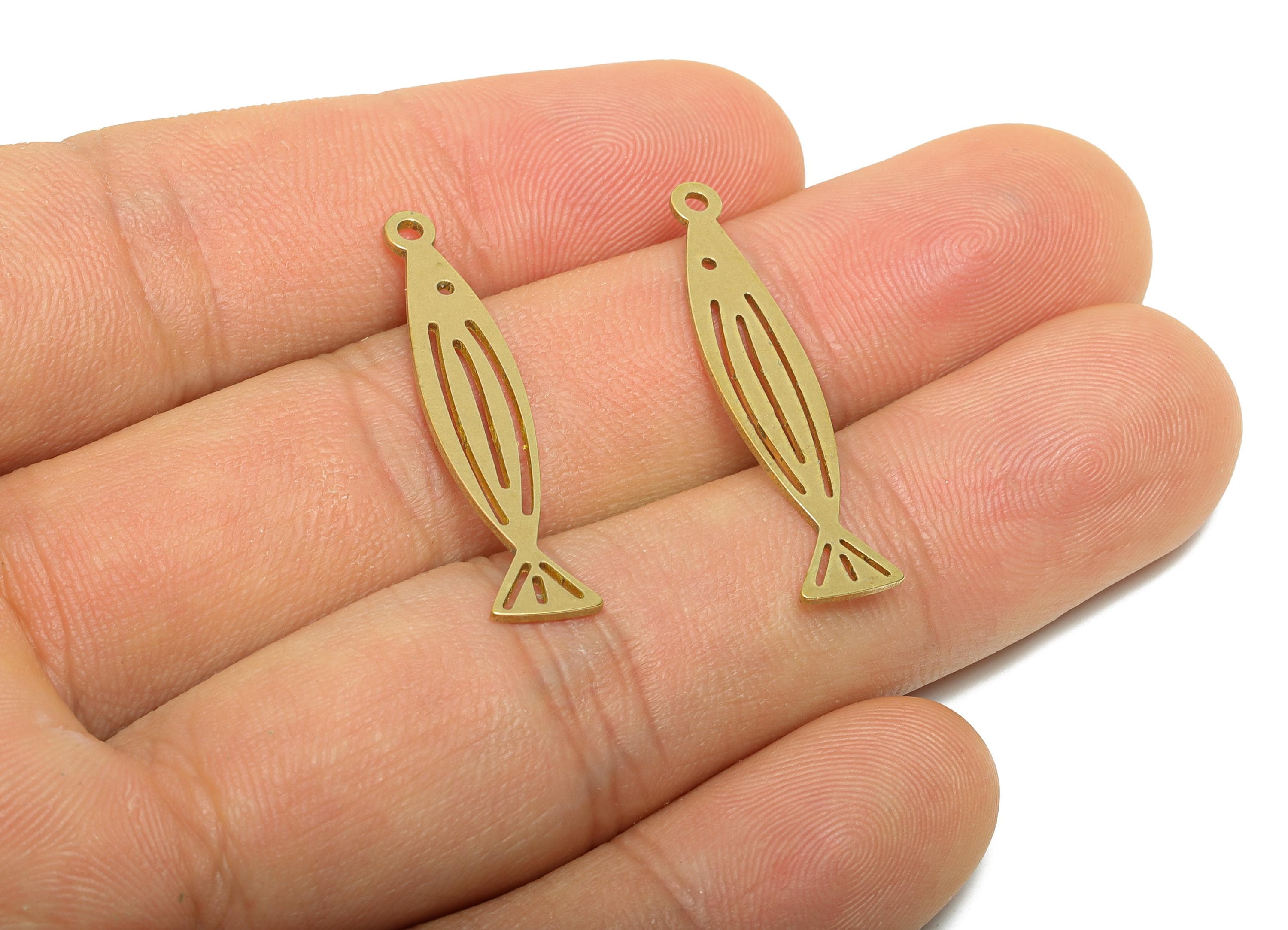 Brass Fish Earring Charm - Raw Brass Marine Life Pendant - Geometric Fish Design Charm - Jewelry Making Supplies - 31.75x6.6x0.8mm - PP11495 - DOMEDBAZAAR
