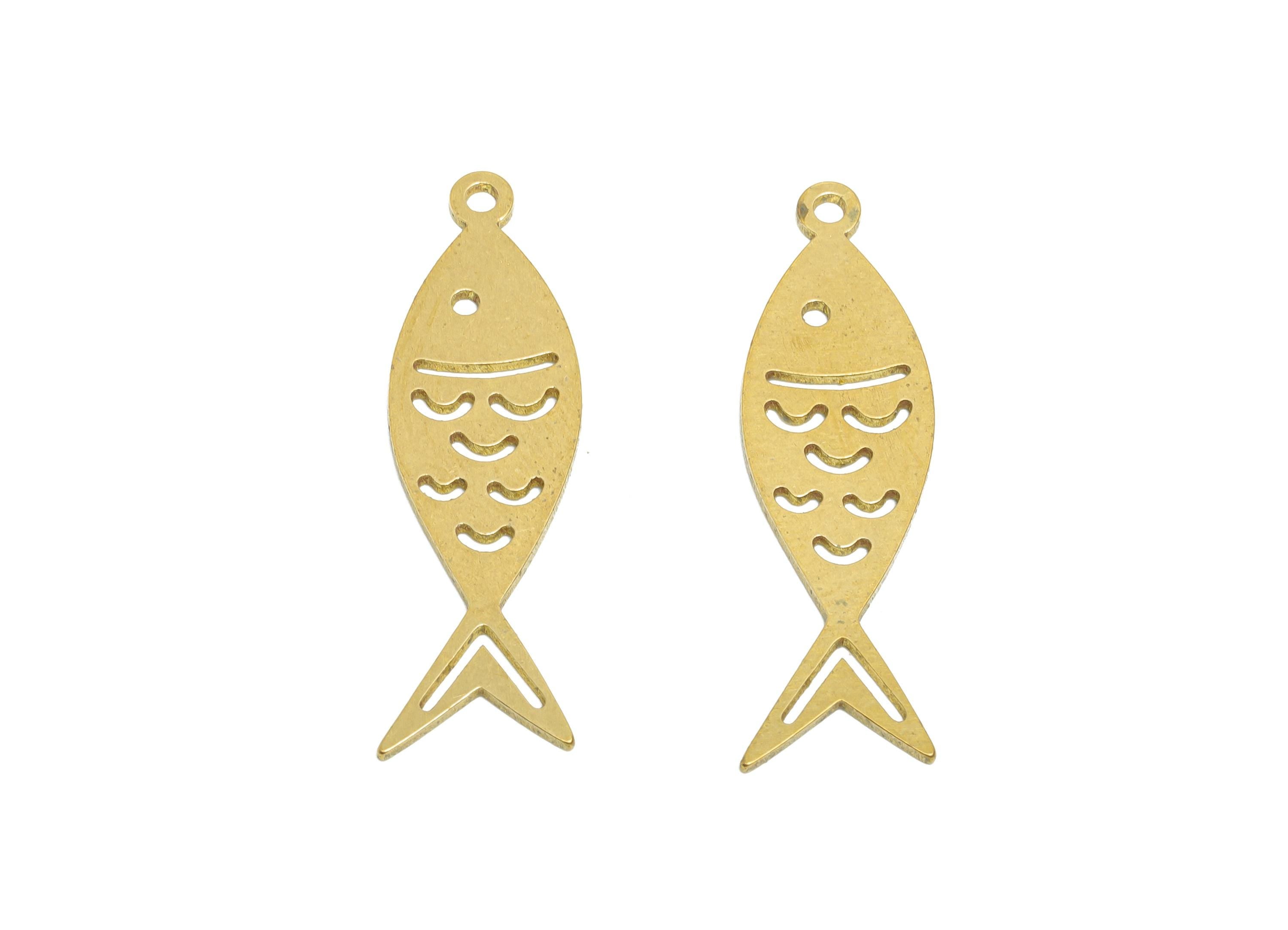 Brass Fish Earring Charm - Raw Brass Hollow Marine Life Pendant - Geometric Fish Design Charm - Jewelry Supplies - 32x9.5x0.8mm - PP11496 - DOMEDBAZAAR