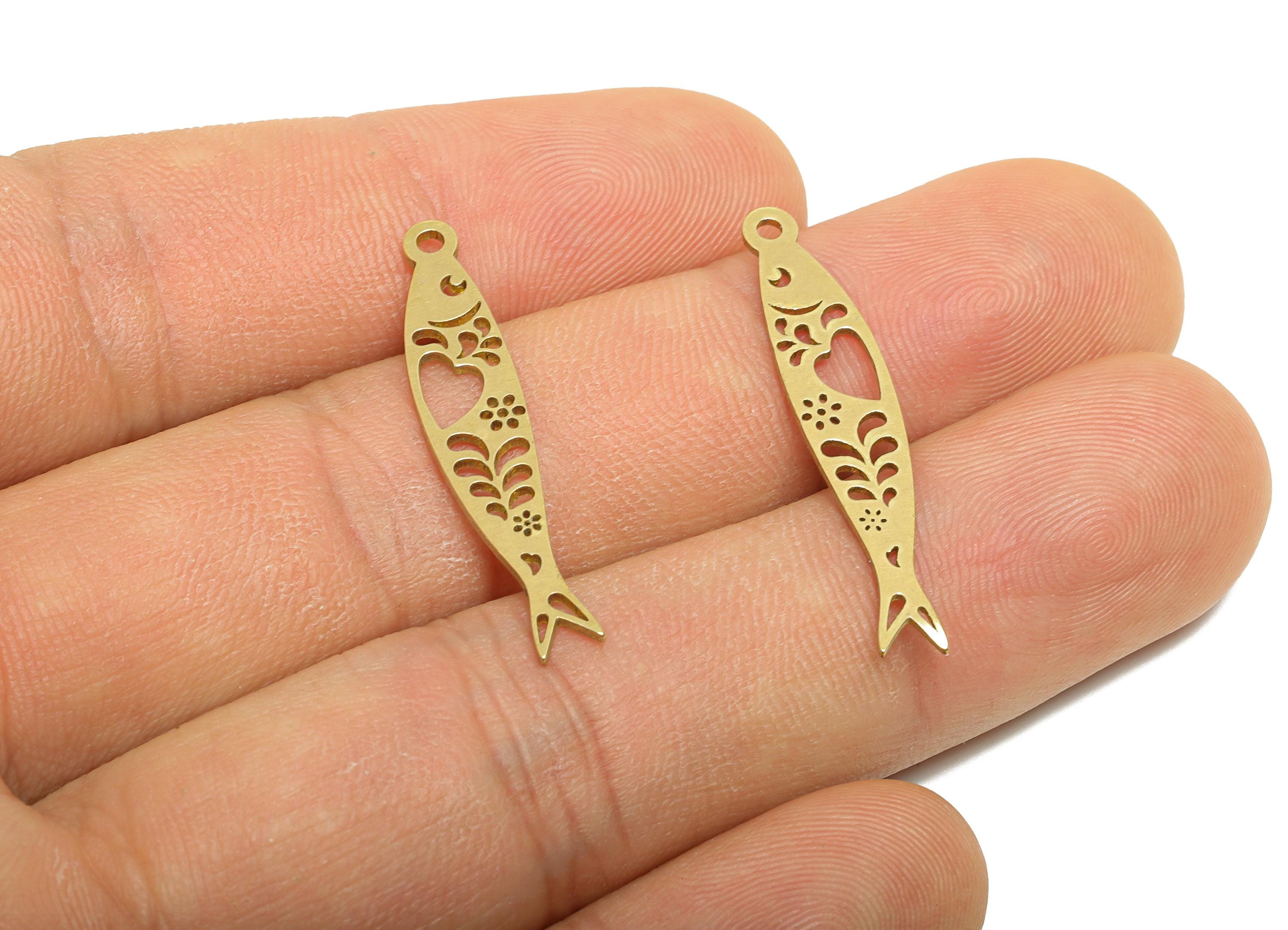 Raw Brass Fish Earring Charm - Hollow Heart Leaf Marine Life Pendant - Geometric Fish Design Charm - DIY Jewelry - 31.68x6x0.9mm - PP11499 - DOMEDBAZAAR