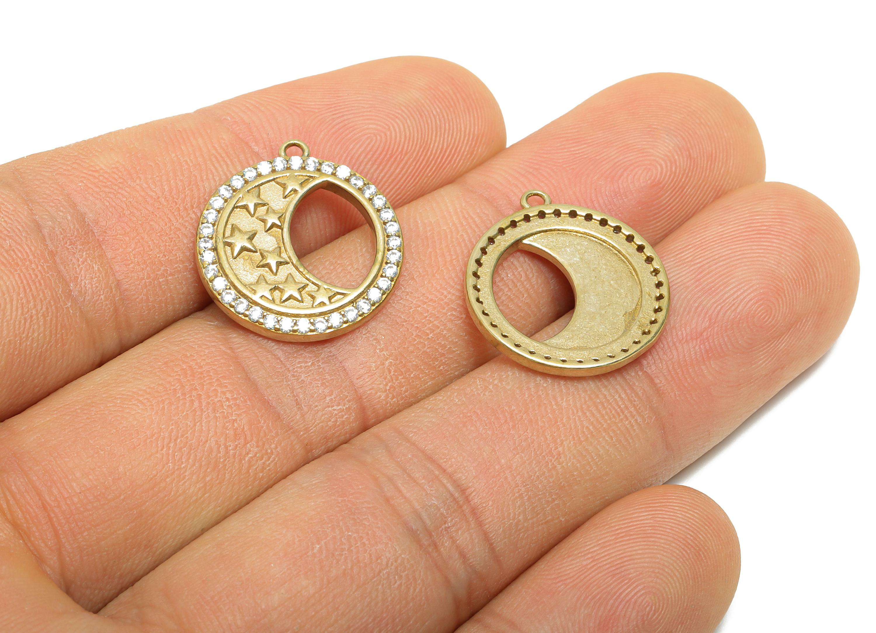 Raw Brass Crescent Star Charm - Round Celestial Moon Zircon Pendant - Dainty Gold Jewelry Supply - DIY Craft Making - 19.8x18x2mm - PP11456 - DOMEDBAZAAR