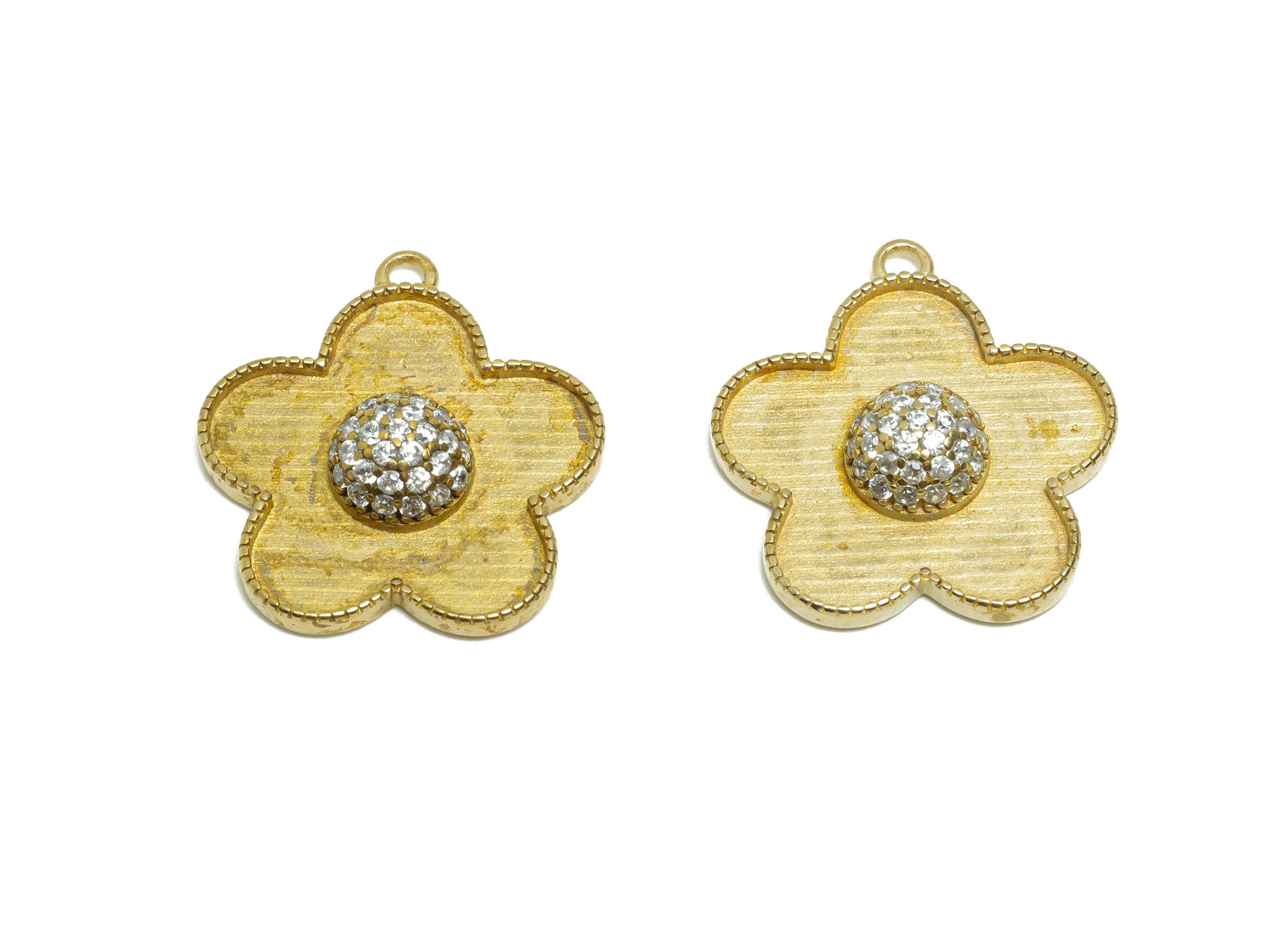 Raw Brass Flower Pendant - Dainty Zircon Necklace Pendant - Elegant Flower Pendant Base for Shell - Jewelry Supply - 19.6x17.9x4mm - PP11473 - DOMEDBAZAAR