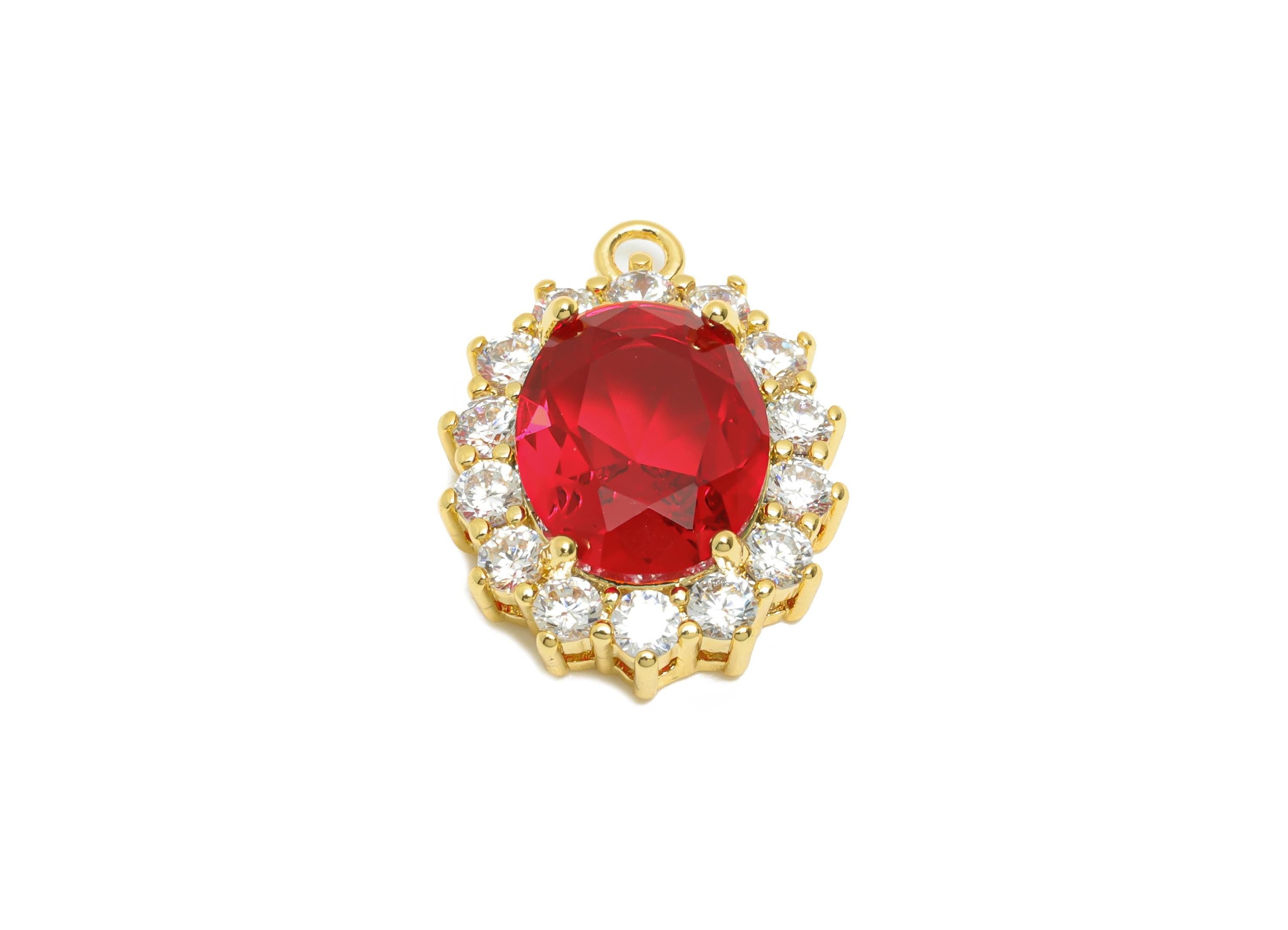 Brass Red Gemstone Pendant - Vintage Rhinestone Pendant - Red Zircon Luxury Look Jewelry Part - 18K Real Gold Plating - 16x12x5mm - RGP11091 - DOMEDBAZAAR
