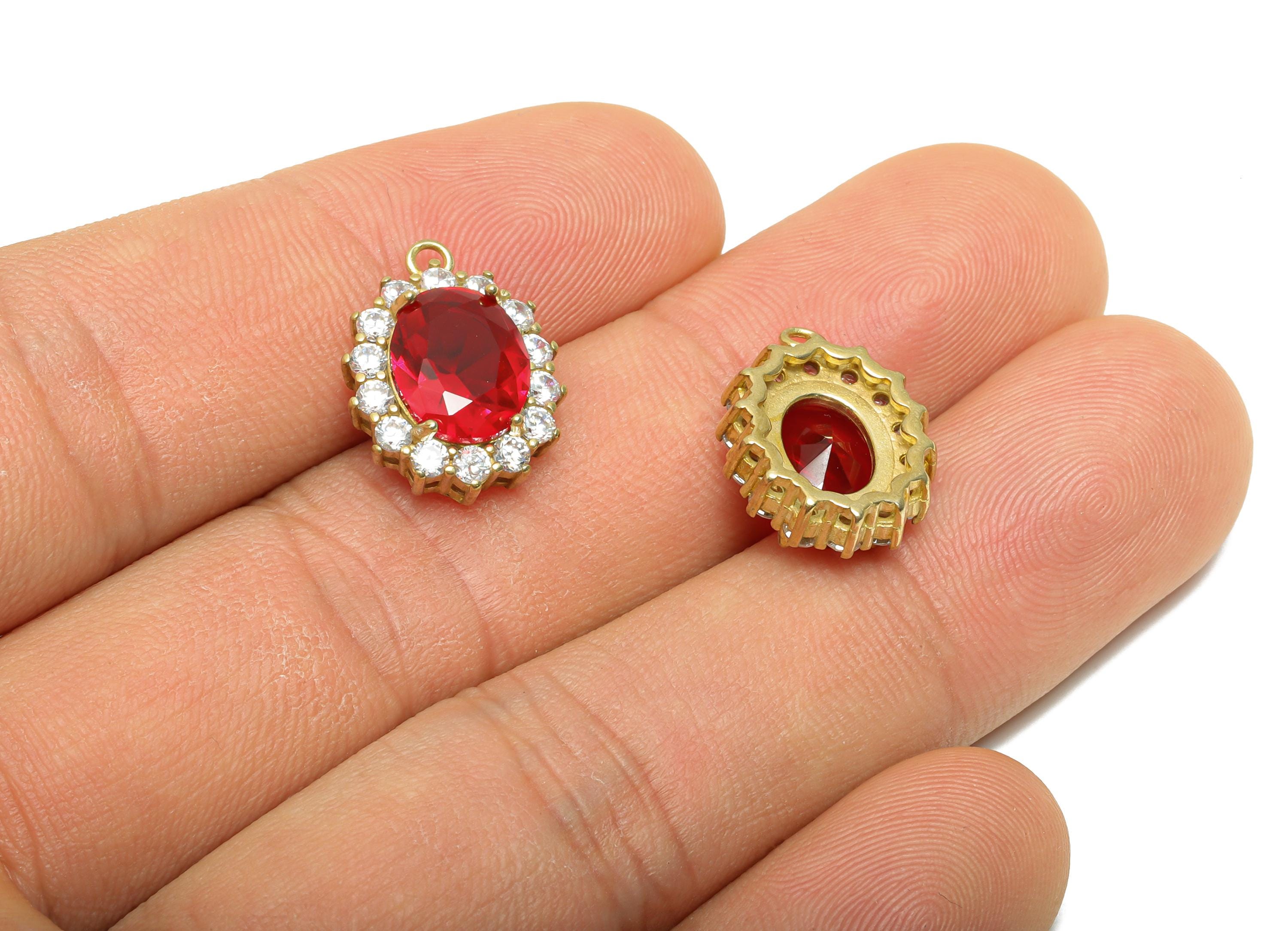 Brass Red Gemstone Pendant - Vintage Rhinestone Pendant - Red Zircon Luxury Look Jewelry Part - Classic Oval Pendant - 16x12x5mm - PP11470 - DOMEDBAZAAR