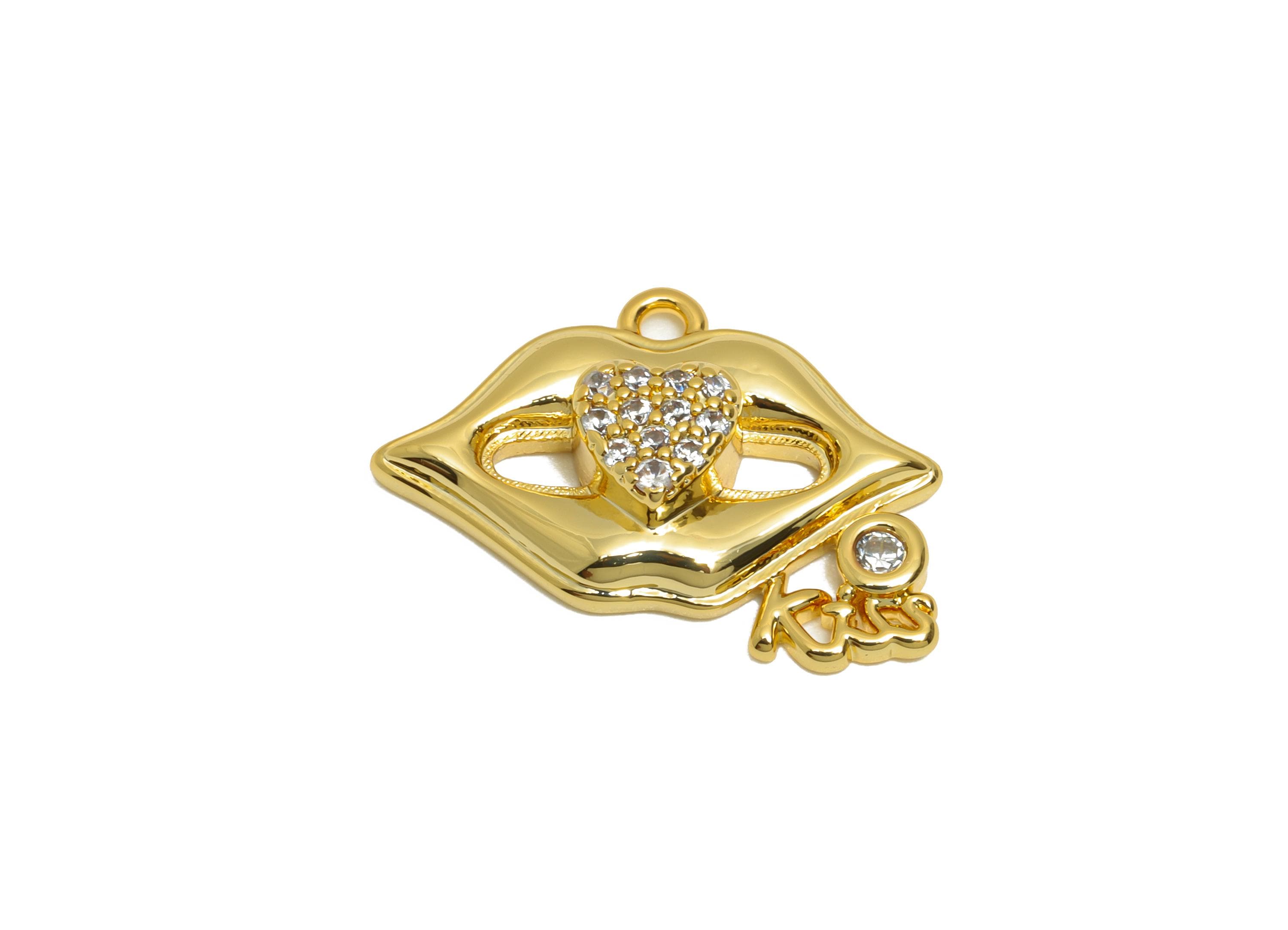 Brass CZ Gold Lips Pendant - Sparkly Fashion Jewelry Part - Zircon Valentine Jewelry Supply - 18K Real Gold Plating - 17x11 x4mm - RGP11086 - DOMEDBAZAAR