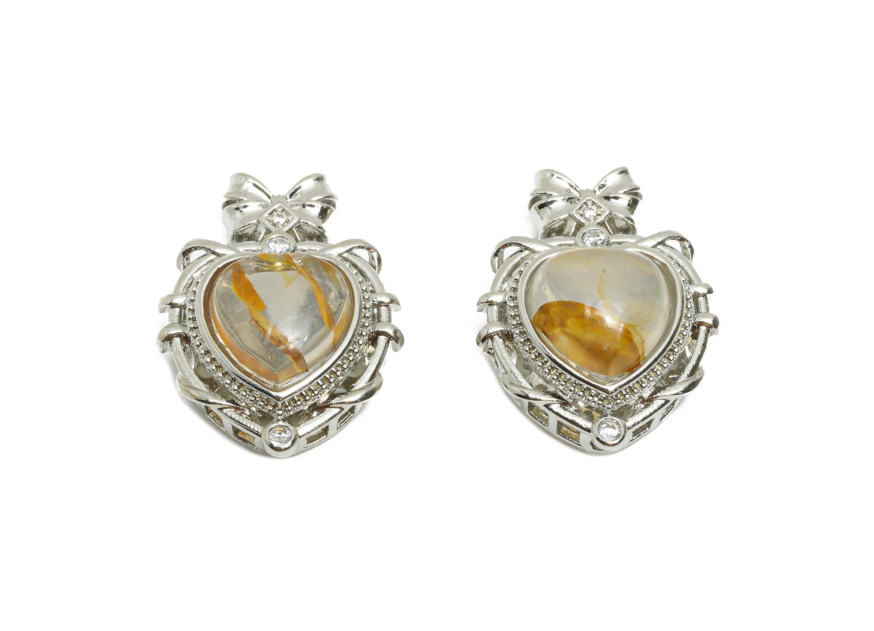 Brass Heart Bow Pendant - Romantic Hematoid Quartz Necklace Pendant - Ornate Jewelry Component - White K Plated - 23x17.8x10.8mm - PP11482 - DOMEDBAZAAR