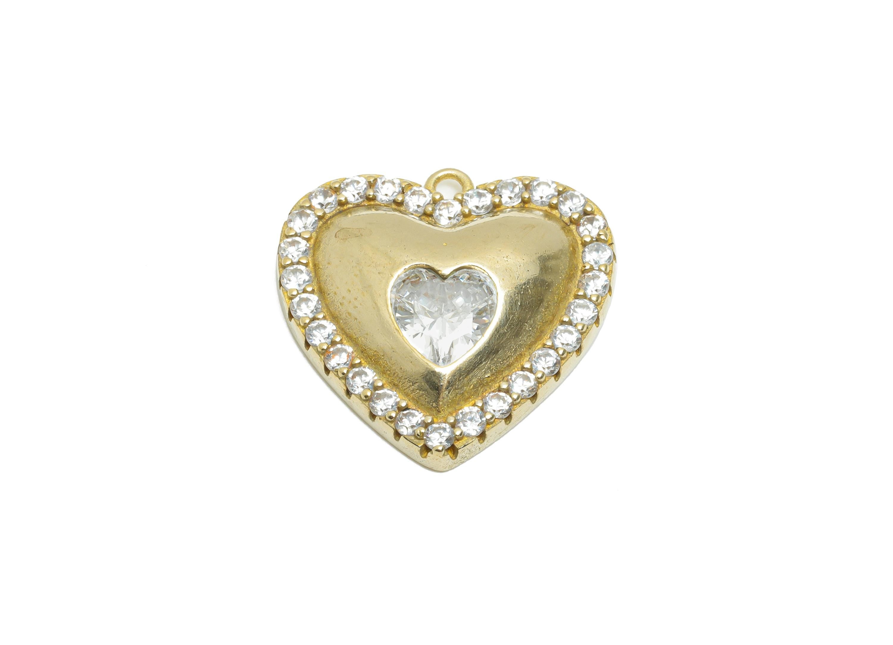 Brass CZ Heart Pendant - Rhinestone Heart Charm - Faceted Zircon Romantic Jewelry Supply - Chic Romantic Pendant - 18x18x4mm - PP11467 - DOMEDBAZAAR