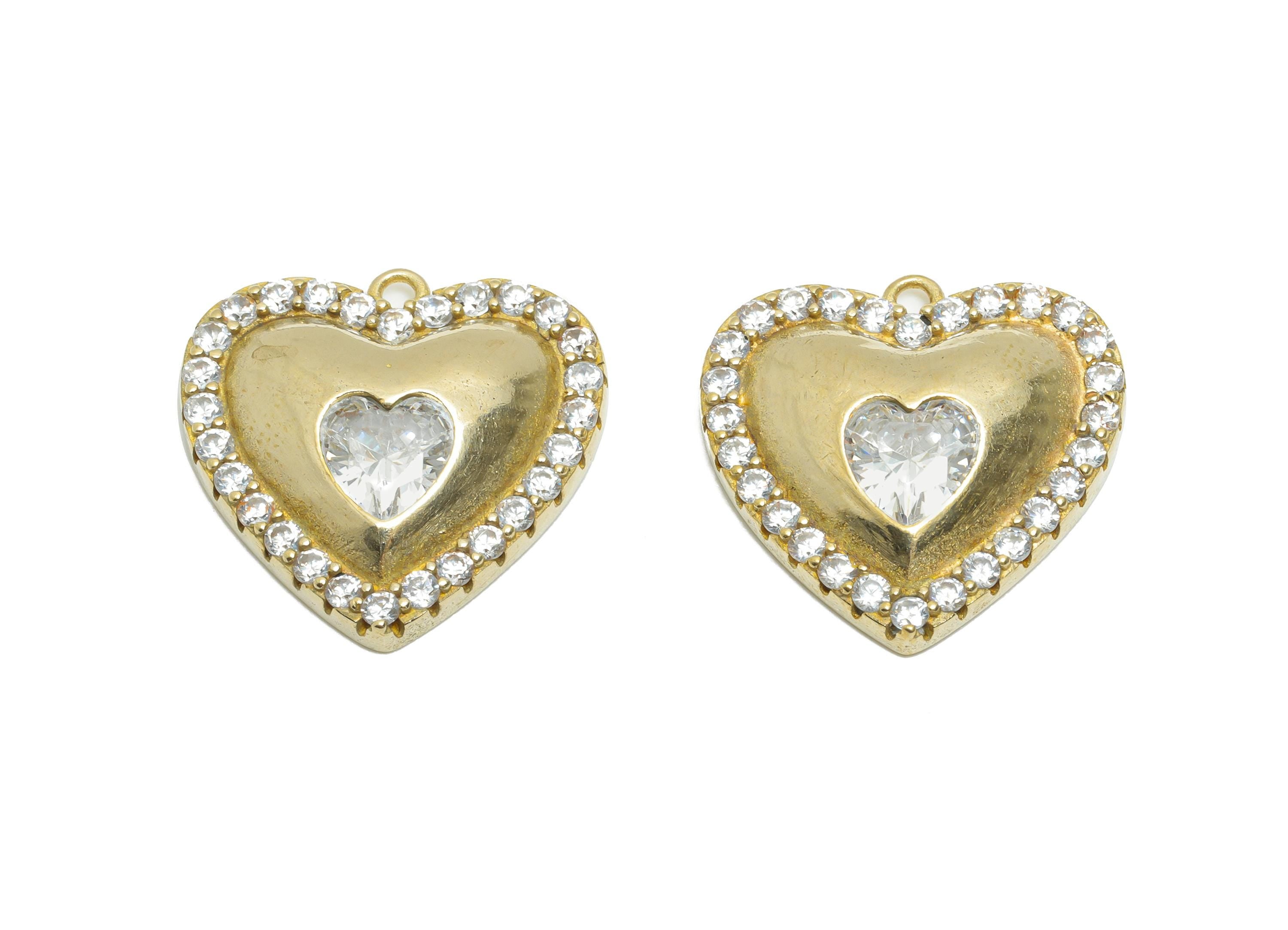 Brass CZ Heart Pendant - Rhinestone Heart Charm - Faceted Zircon Romantic Jewelry Supply - Chic Romantic Pendant - 18x18x4mm - PP11467 - DOMEDBAZAAR