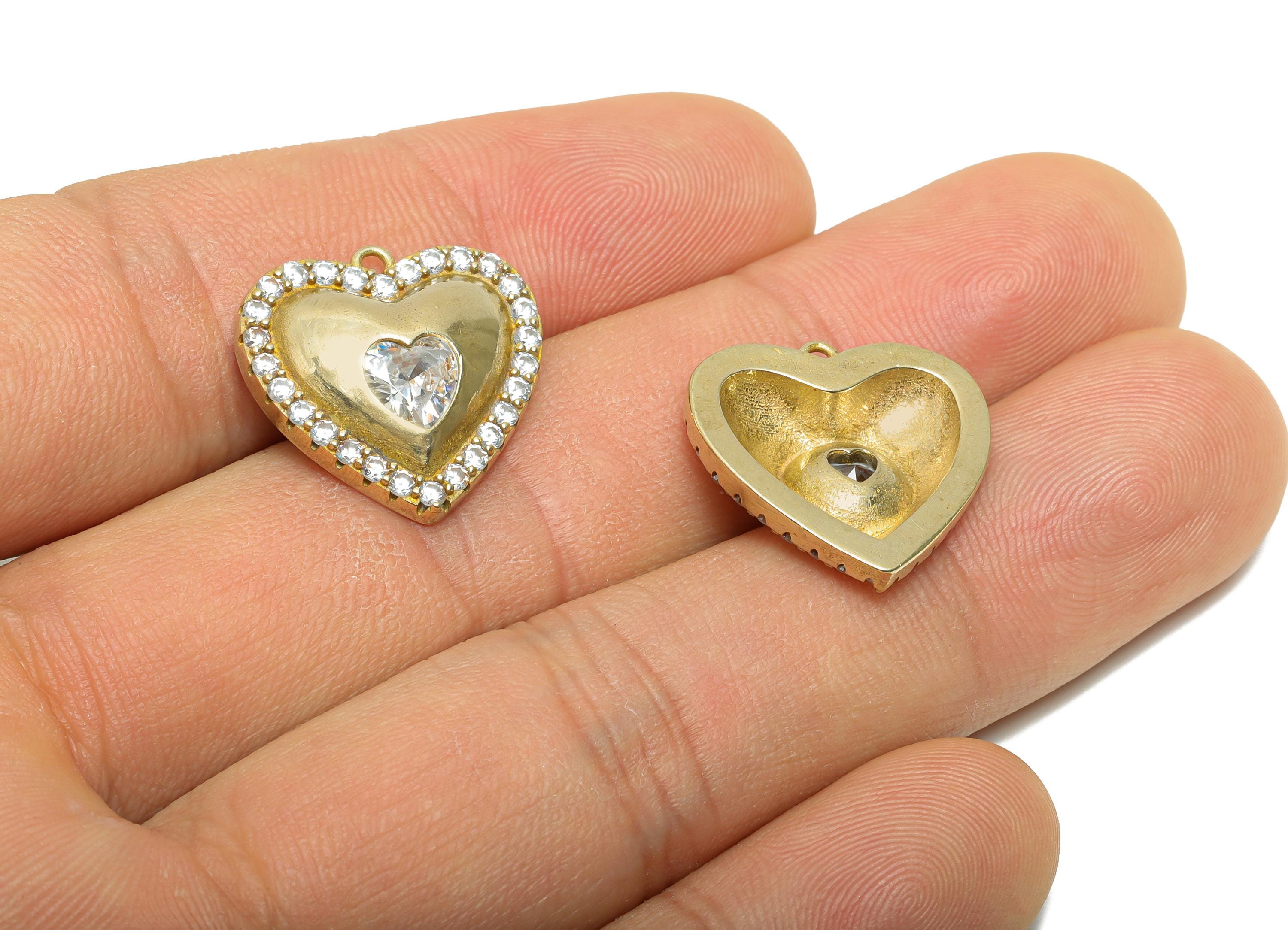 Brass CZ Heart Pendant - Rhinestone Heart Charm - Faceted Zircon Romantic Jewelry Supply - Chic Romantic Pendant - 18x18x4mm - PP11467 - DOMEDBAZAAR