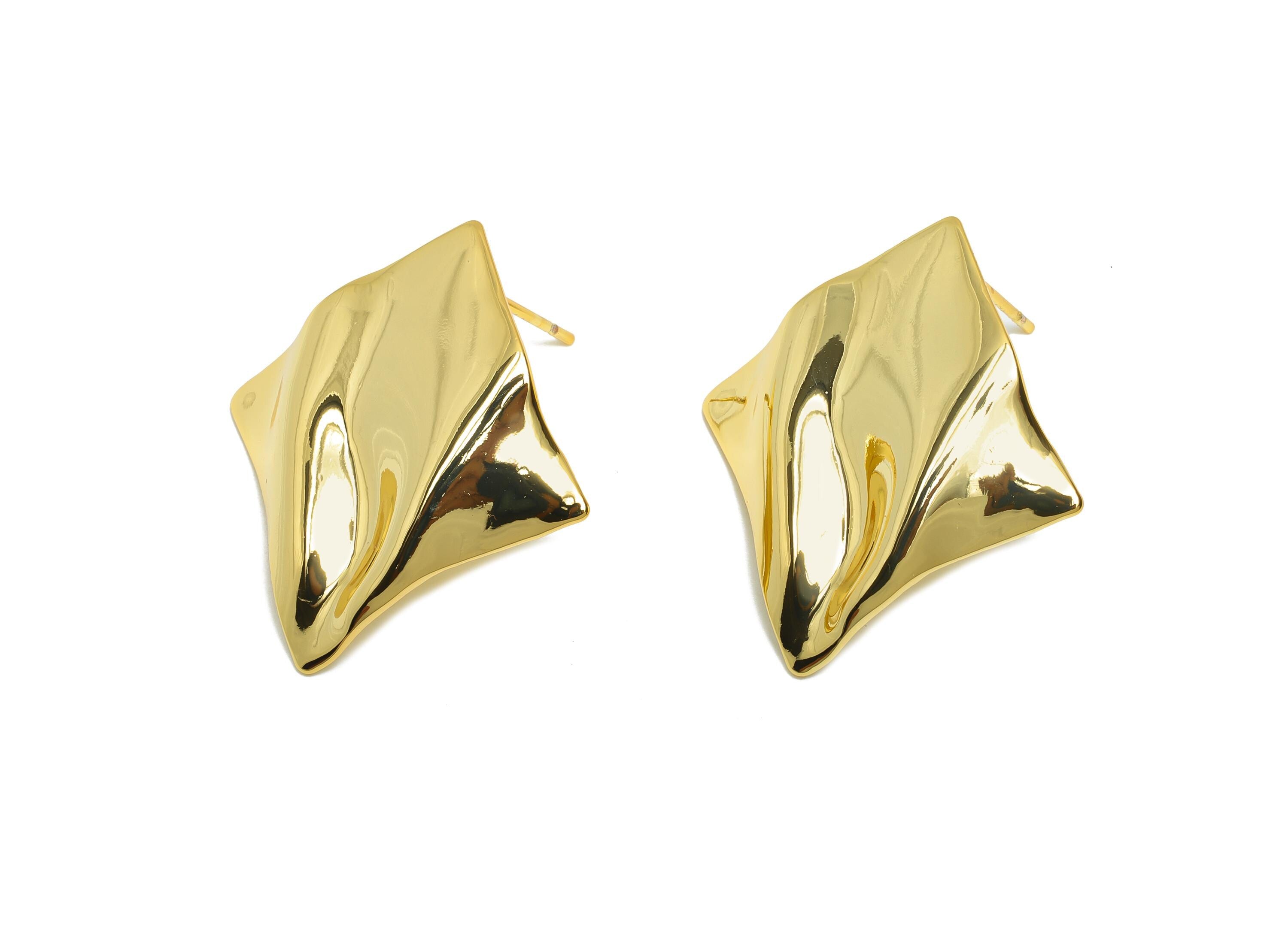Brass Abstract Earring Stud - Trendy Gold Geometric Post - Artistic Folded Metal Look Earring - 18K Gold Plated - 27.9x25x0.66mm - RGP11101 - DOMEDBAZAAR