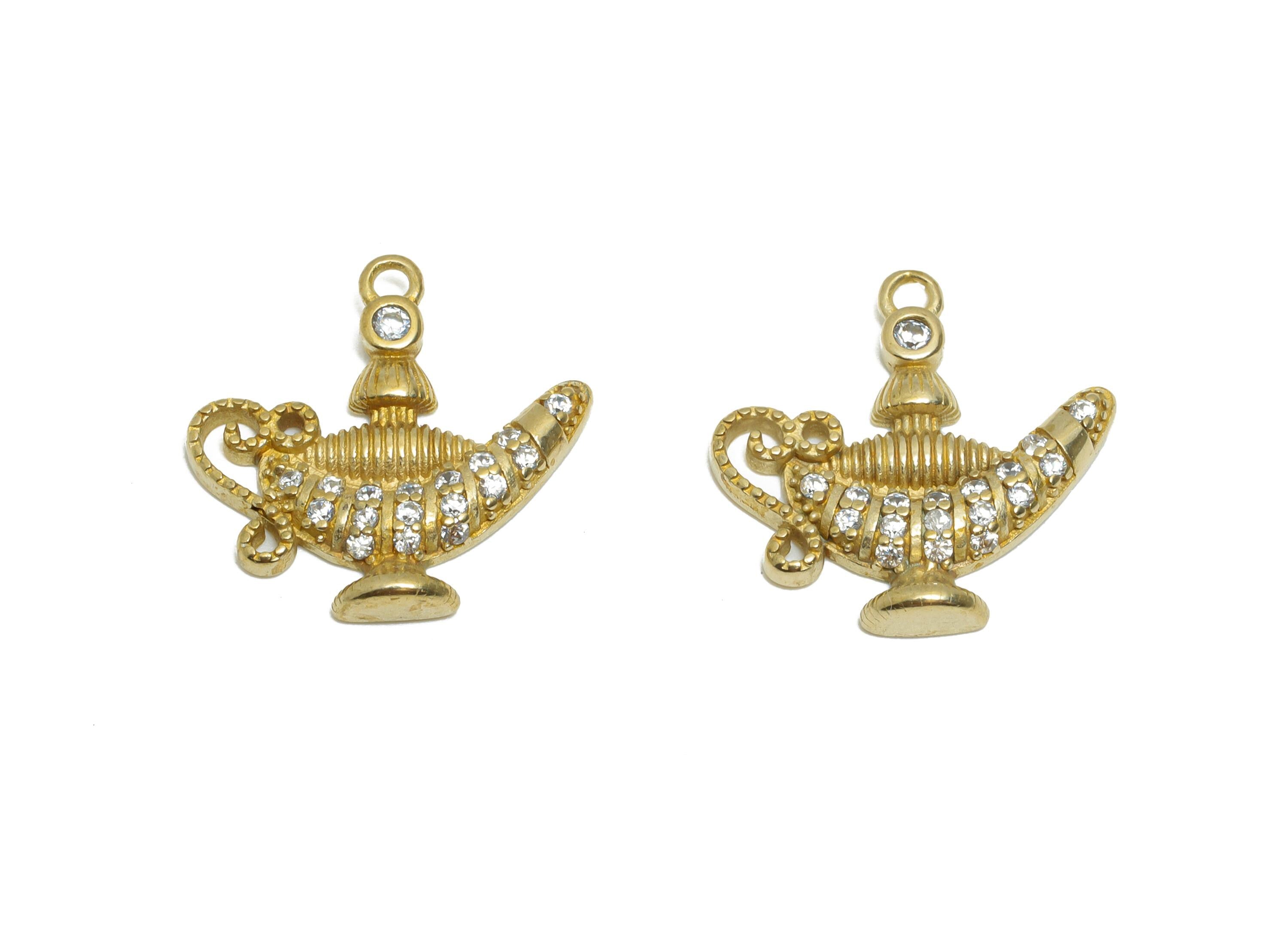 Brass CZ Genie Lamp Pendant - Magical Lamp Charm - DIY Bracelet Piece - Customizable Pendant - Costume Jewelry Supply - 16x16x2mm - PP11469 - DOMEDBAZAAR