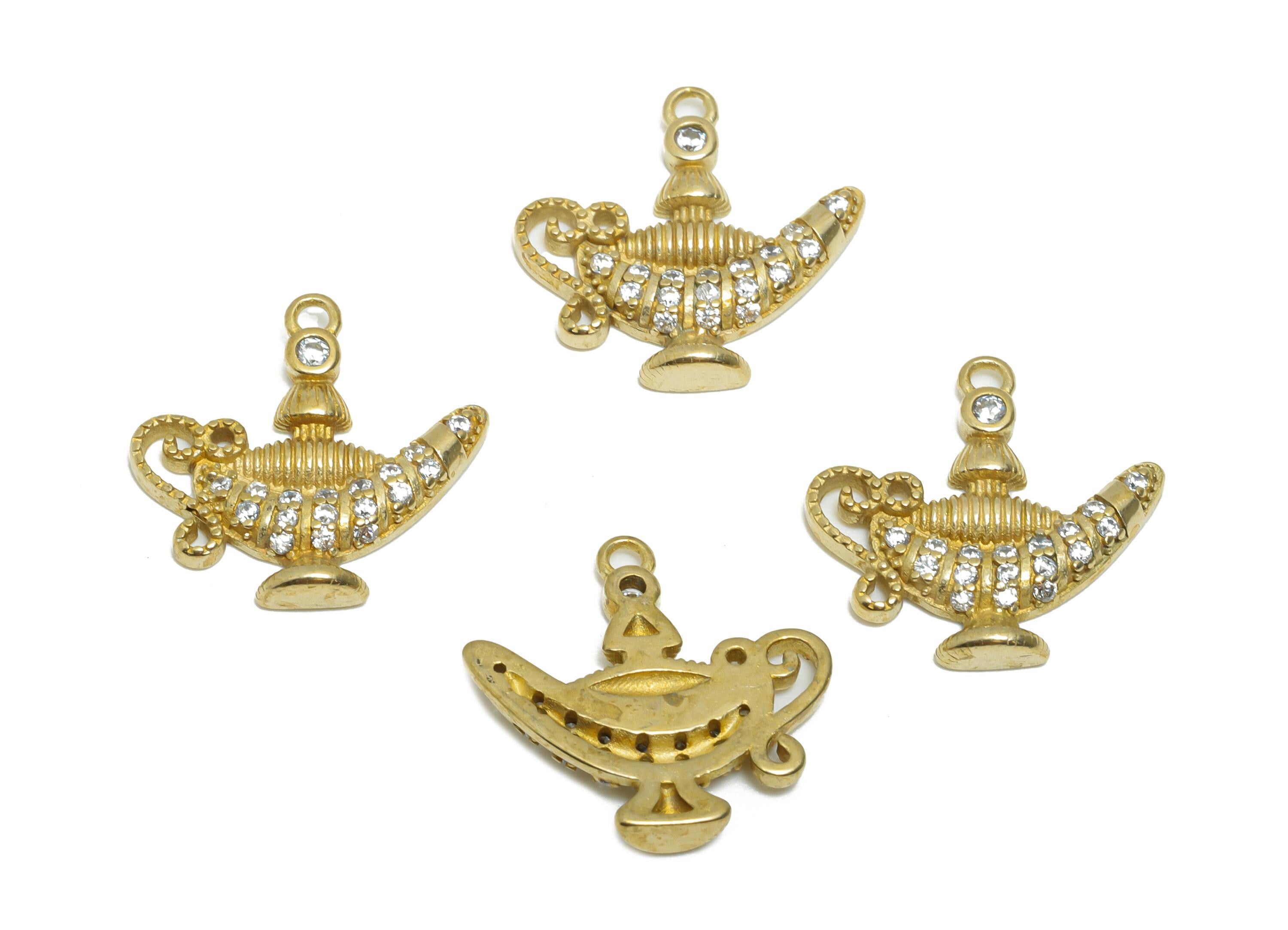 Brass CZ Genie Lamp Pendant - Magical Lamp Charm - DIY Bracelet Piece - Customizable Pendant - Costume Jewelry Supply - 16x16x2mm - PP11469 - DOMEDBAZAAR