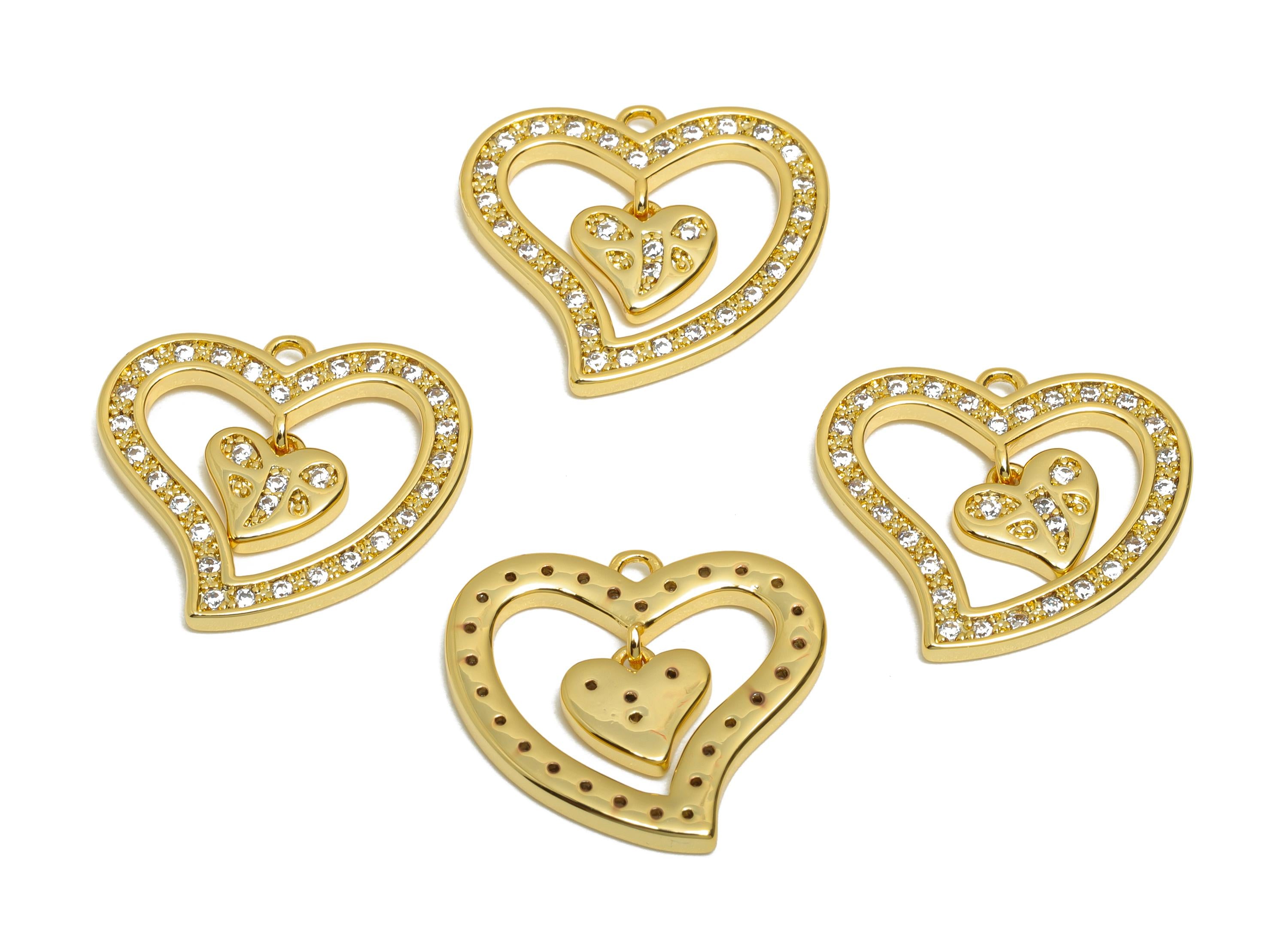 Brass CZ Heart Pendant - Rhinestone Dangle Charm - Cubic Zircon Romantic Jewelry Supply - 18K Real Gold Plating - 18x16x2mm - RGP11089 - DOMEDBAZAAR