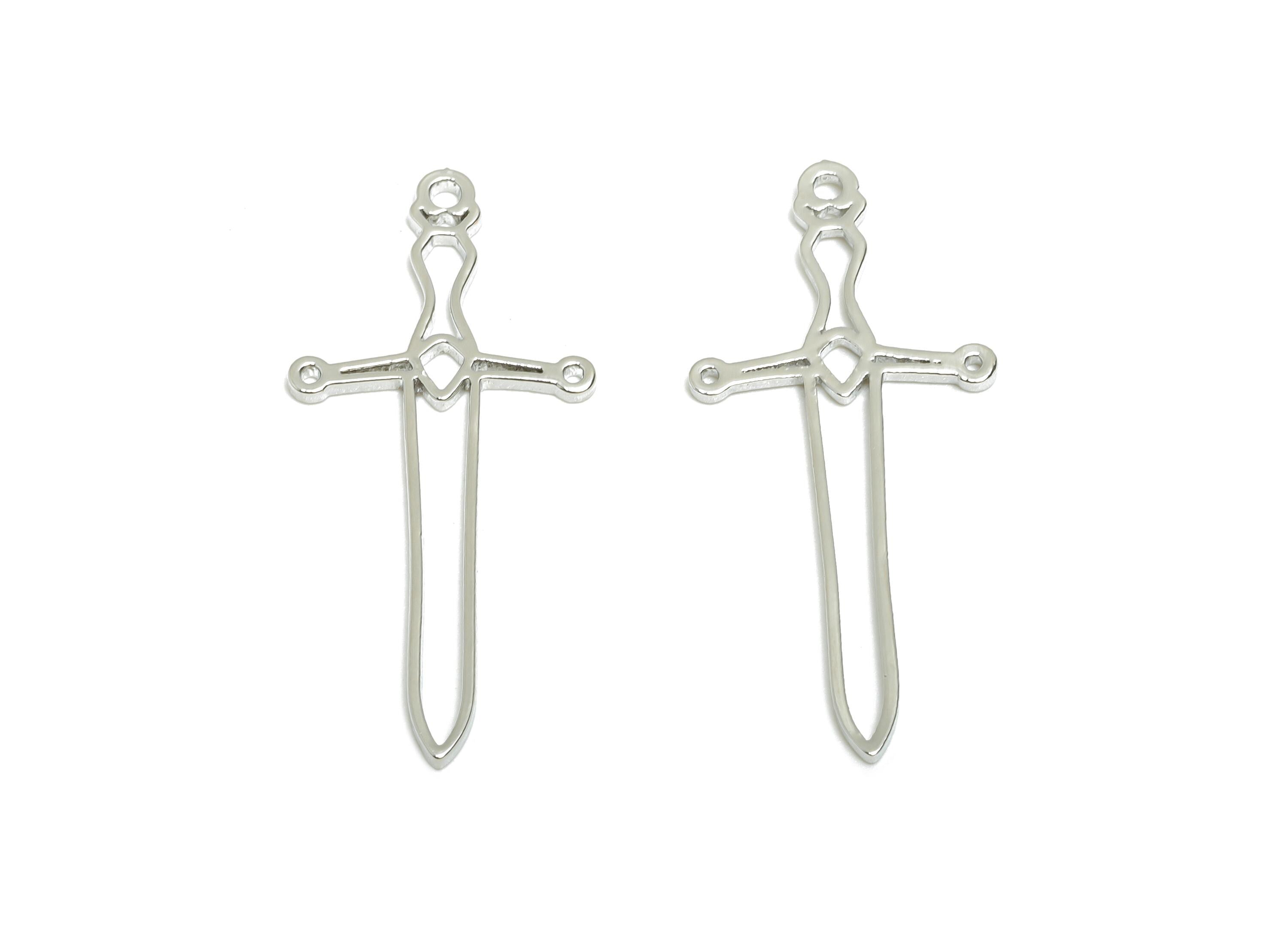 Brass Silver Sword Charm - Lightweight Geometric Necklace Charm - Knight Sword Jewelry Part - 18K White Gold Plated - 34x15x0.9mm - RGP11098 - DOMEDBAZAAR