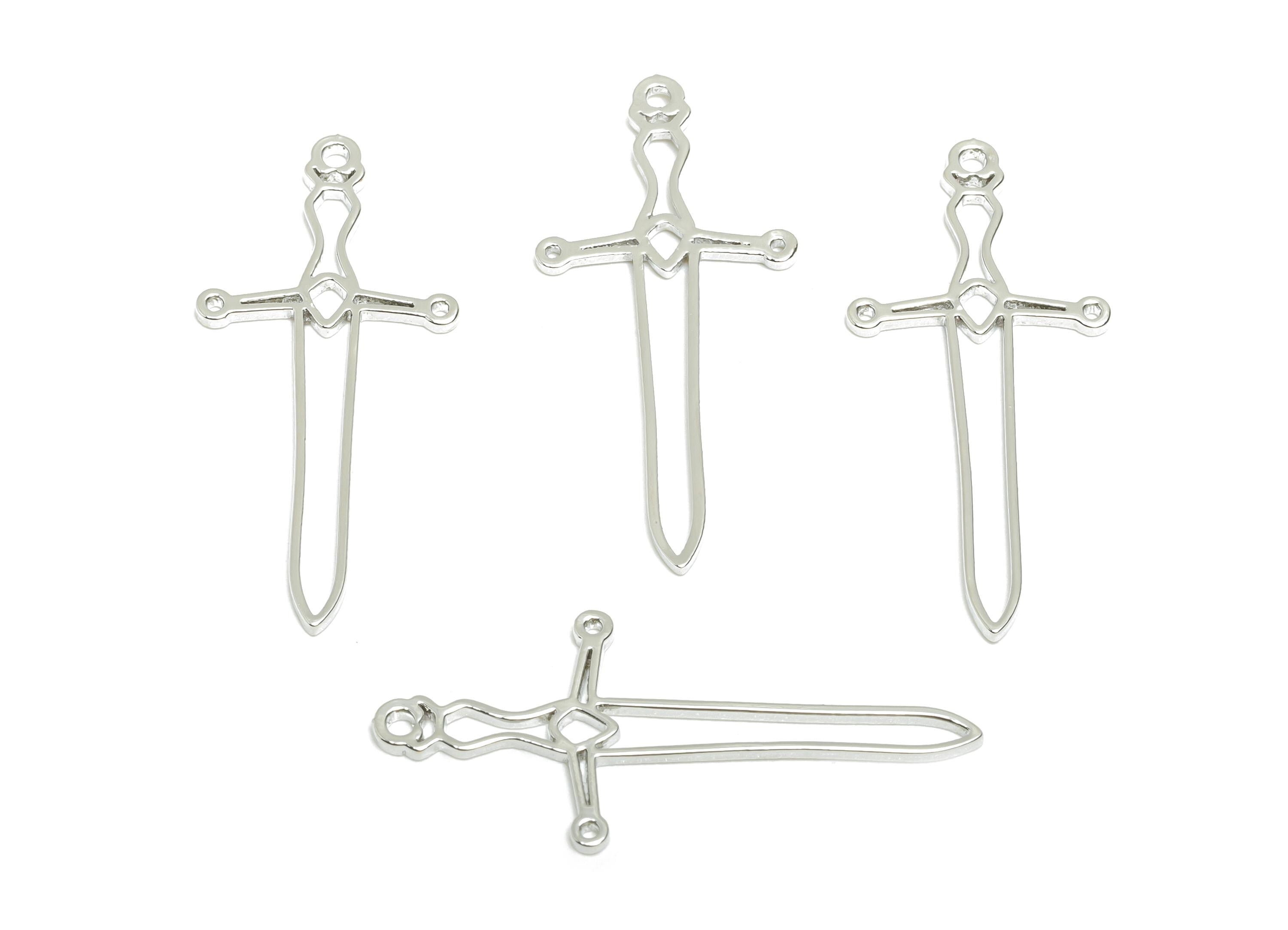 Brass Silver Sword Charm - Lightweight Geometric Necklace Charm - Knight Sword Jewelry Part - 18K White Gold Plated - 34x15x0.9mm - RGP11098 - DOMEDBAZAAR
