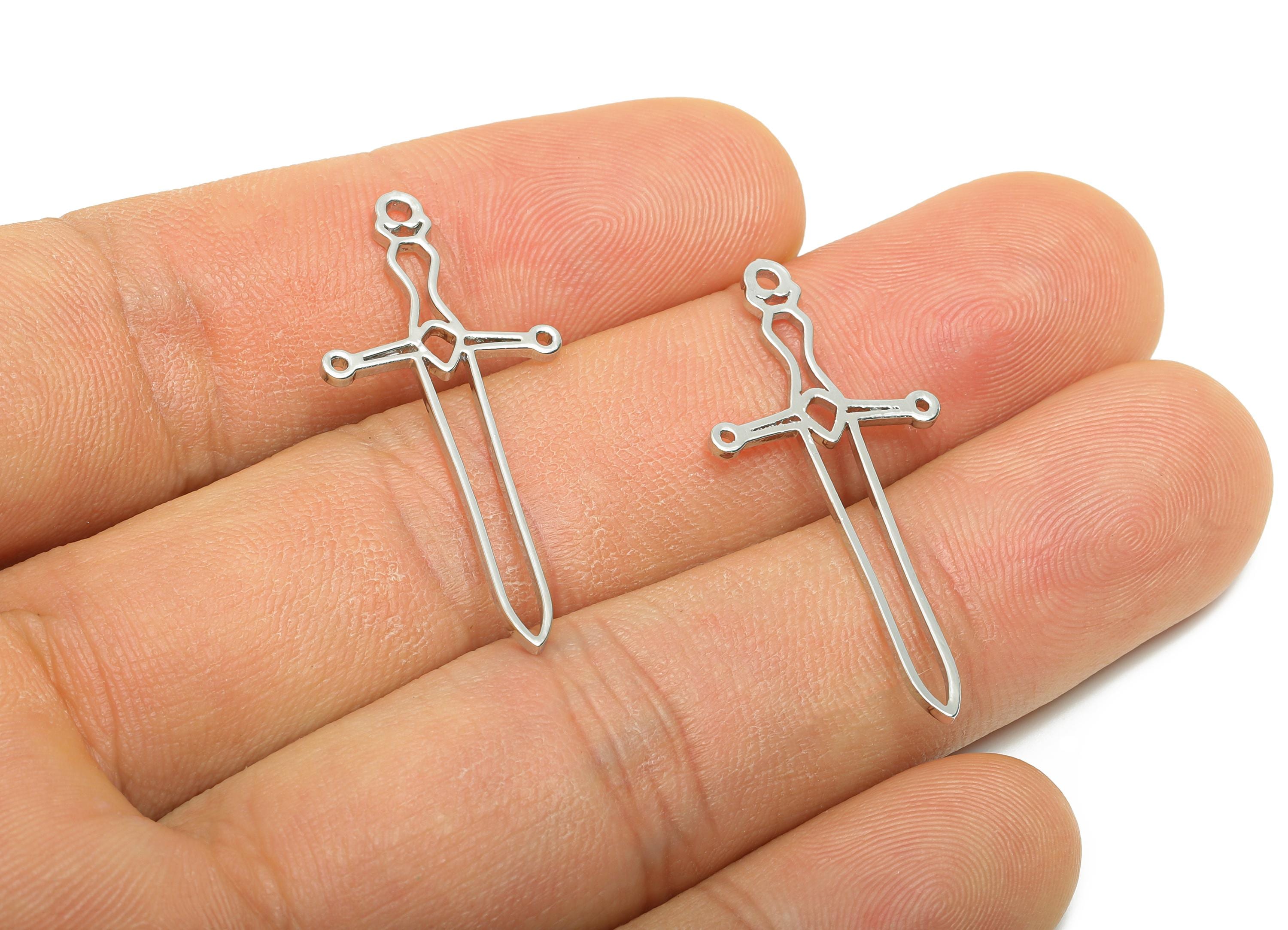 Brass Silver Sword Charm - Lightweight Geometric Necklace Charm - Knight Sword Jewelry Part - 18K White Gold Plated - 34x15x0.9mm - RGP11098 - DOMEDBAZAAR