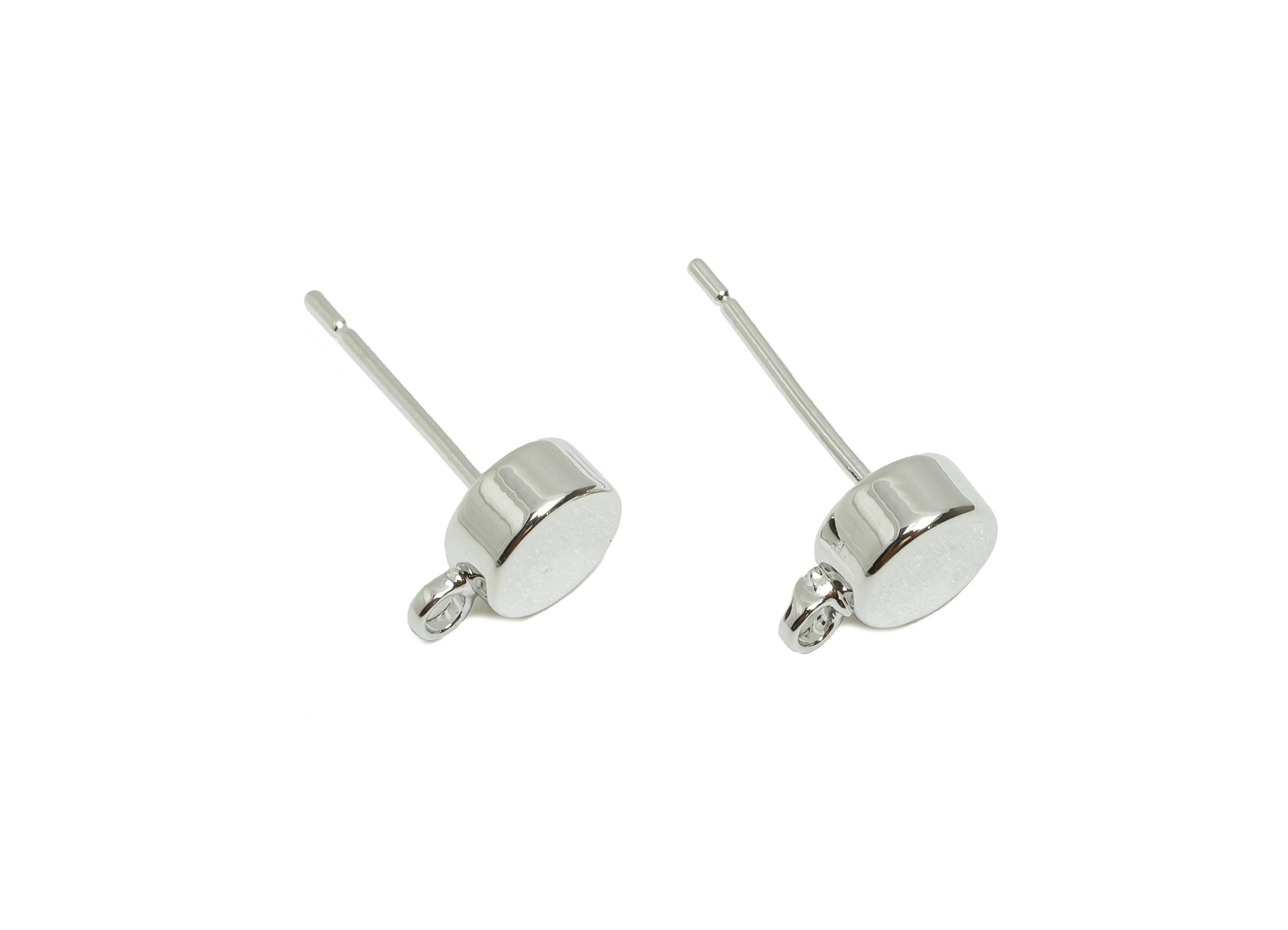 Brass Round Earring Stud - Simple Circle Earring Stud Connector with Loop - Jewelry Making - 18K White Gold Plating - 8.5x6x3mm - RGP11096 - DOMEDBAZAAR