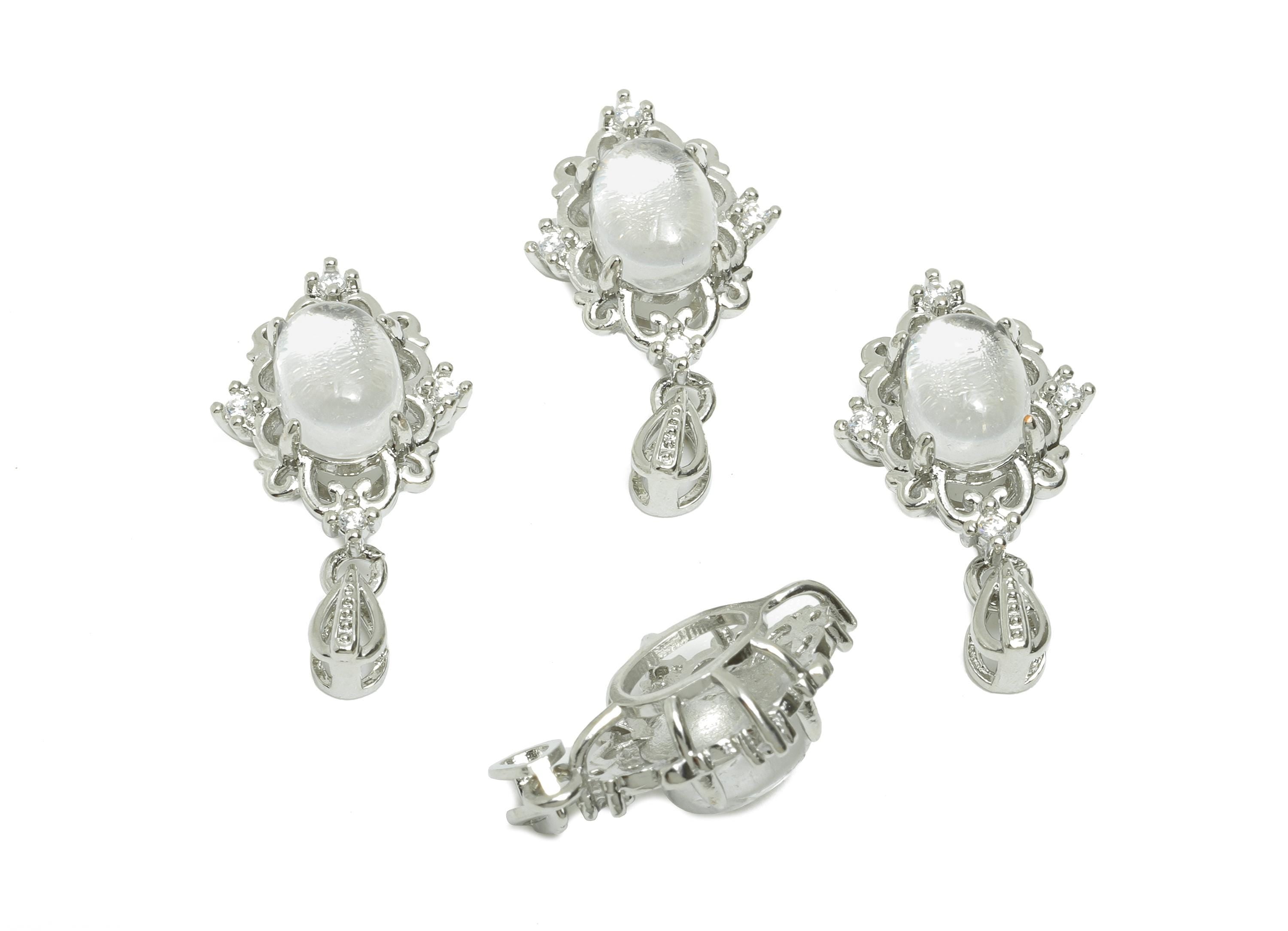 Brass Oval Pendant - Vintage White Crystal Necklace Pendant - Ornate Craft Jewelry Component - White K Plated - 21.25x11.69x8mm - PP11488 - DOMEDBAZAAR