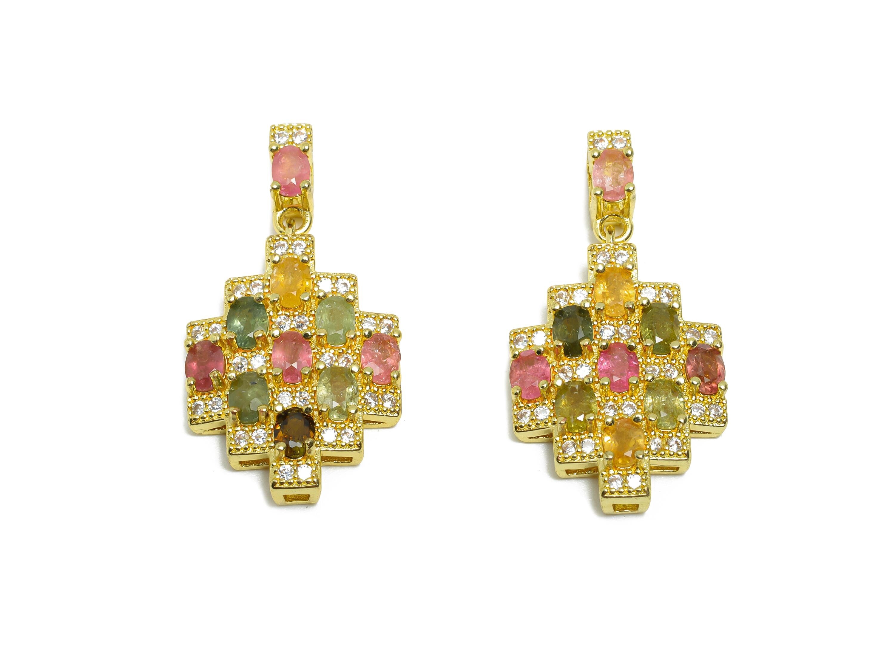 Brass Tourmaline Geometric Pendant - Sparkling Oval Zircon Necklace Pendant - Jewelry Making - KC Gold Tone Plated - 29.8x15x4mm - PP11478 - DOMEDBAZAAR