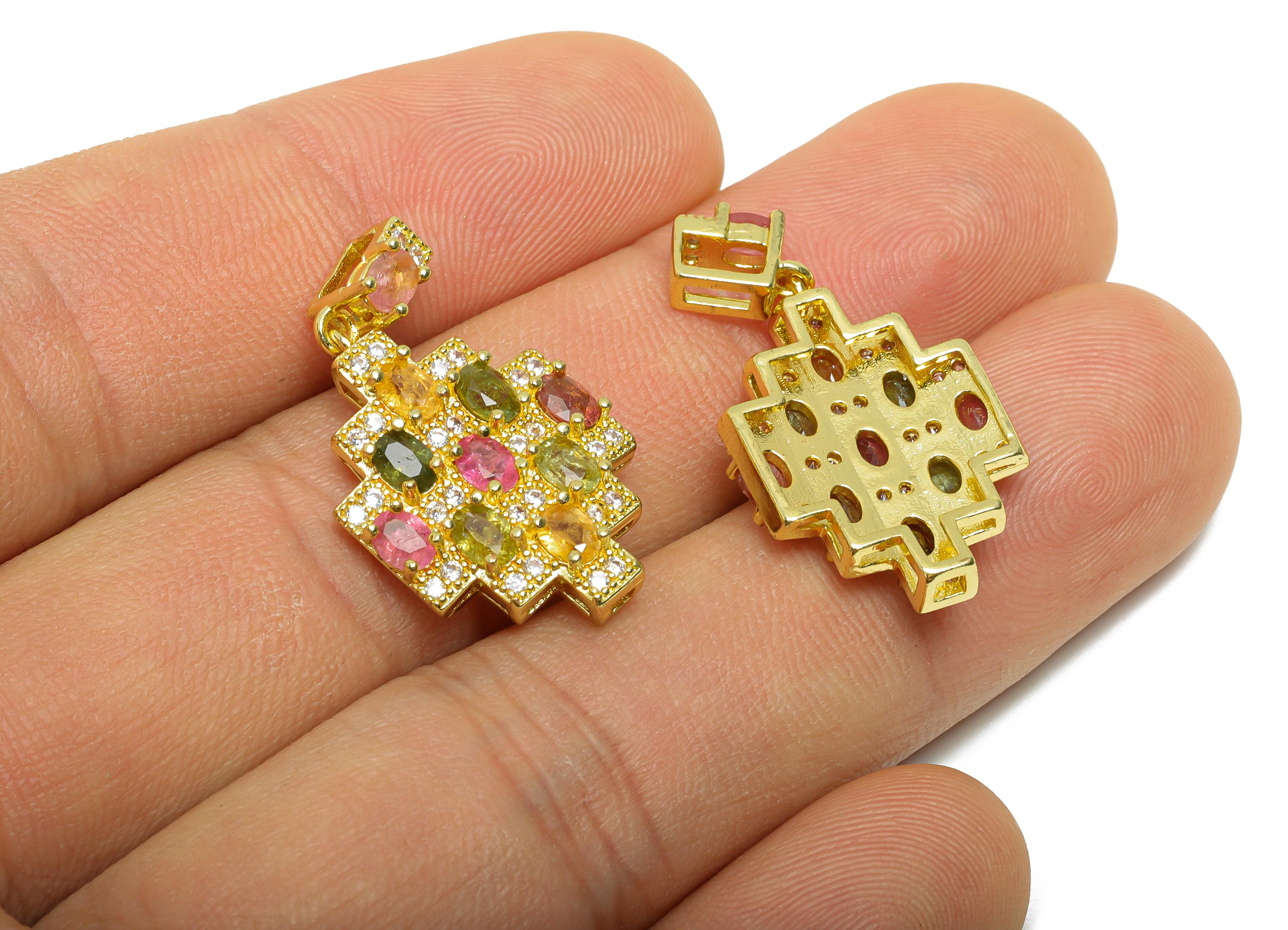 Brass Tourmaline Geometric Pendant - Sparkling Oval Zircon Necklace Pendant - Jewelry Making - KC Gold Tone Plated - 29.8x15x4mm - PP11478 - DOMEDBAZAAR