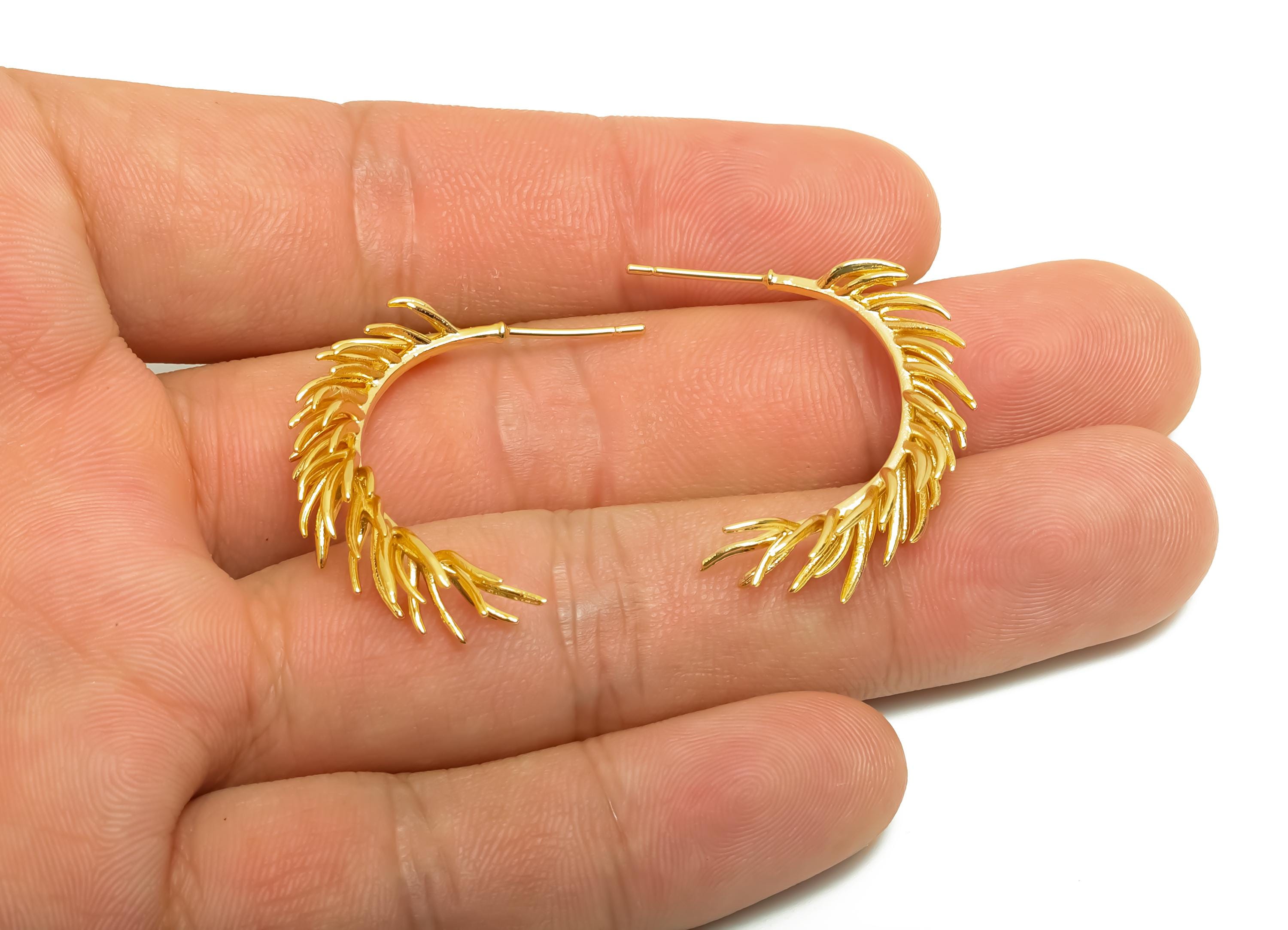 Brass Branch Earring Stud - Dainty Botanical Earring Post - Gold Woman&#39;s Daily Wear Ear - 18K Real Gold Plated - 31x6x3.87mm- RGP8673 - DOMEDBAZAAR
