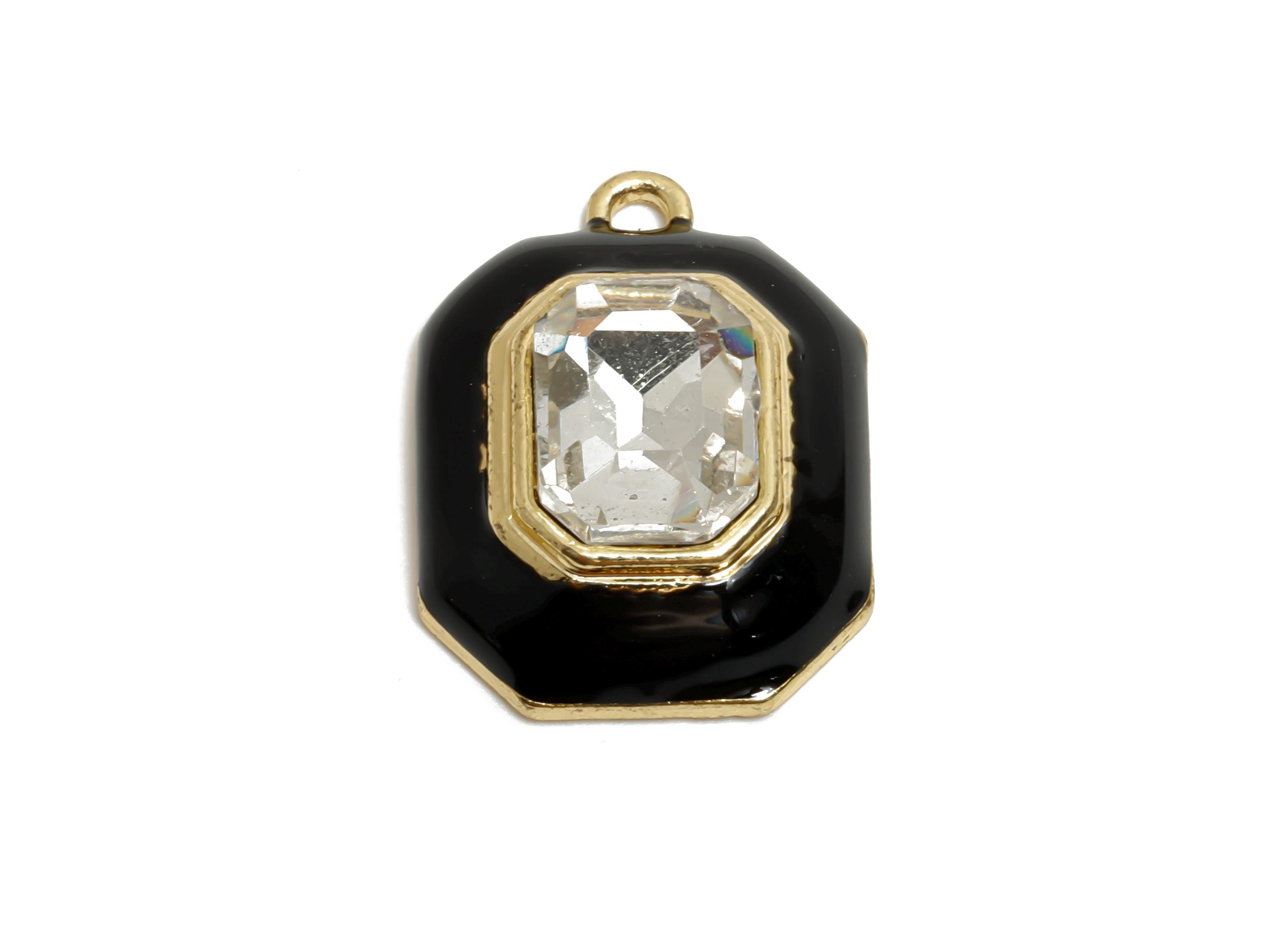 Alloy Octagon Pendant - Black Enamel Crystal Charm for Necklace - Dainty Geometric Charm for Jewelry - KC Gold Plated - 22x17x8mm - AC3543A - DOMEDBAZAAR