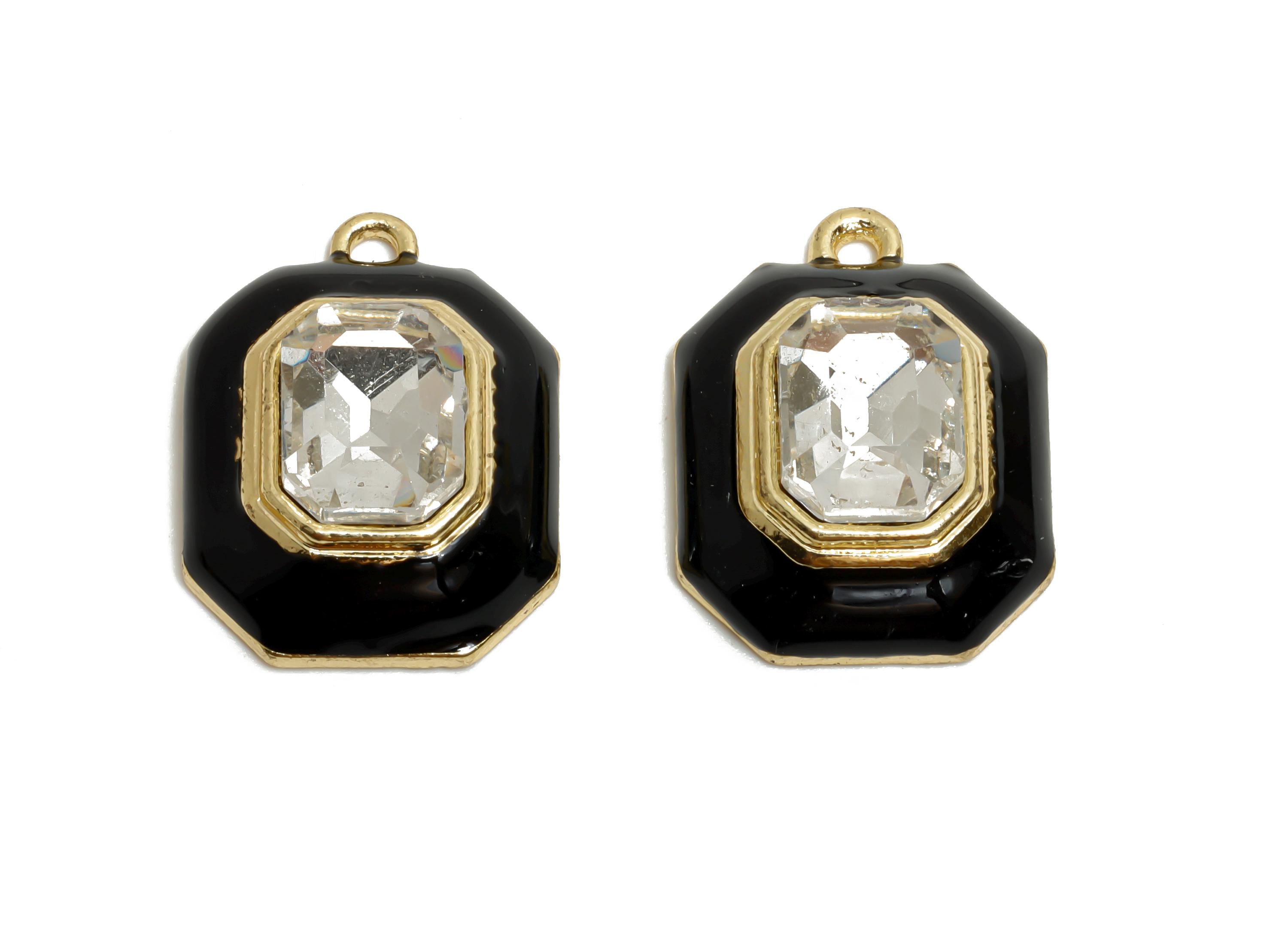 Alloy Octagon Pendant - Black Enamel Crystal Charm for Necklace - Dainty Geometric Charm for Jewelry - KC Gold Plated - 22x17x8mm - AC3543A - DOMEDBAZAAR
