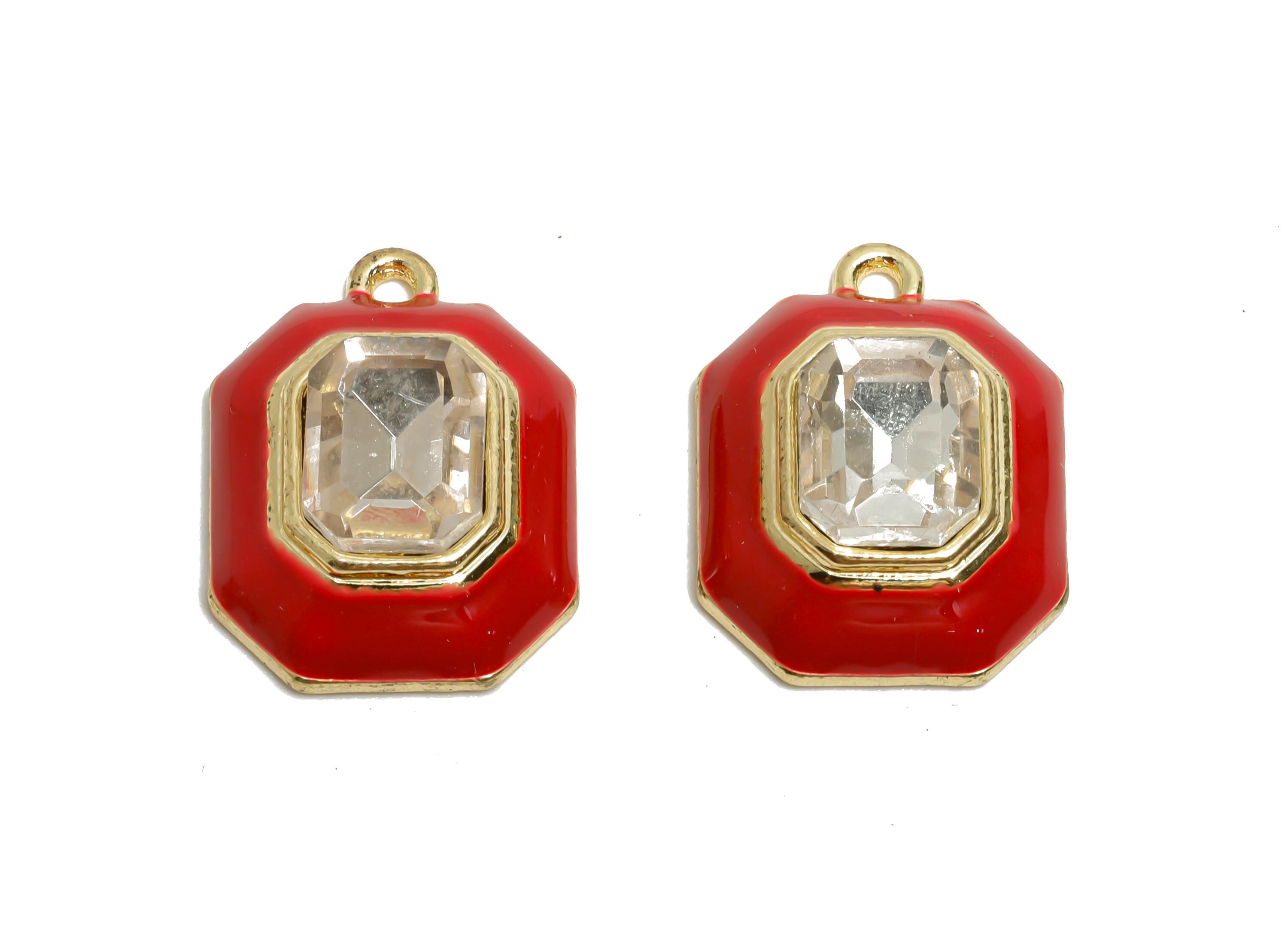 Alloy Octagon Pendant - Red Enamel Crystal Charm for Necklace - Dainty Geometric Charm for Jewelry - KC Gold Plated - 22x17x8mm - AC3543B - DOMEDBAZAAR
