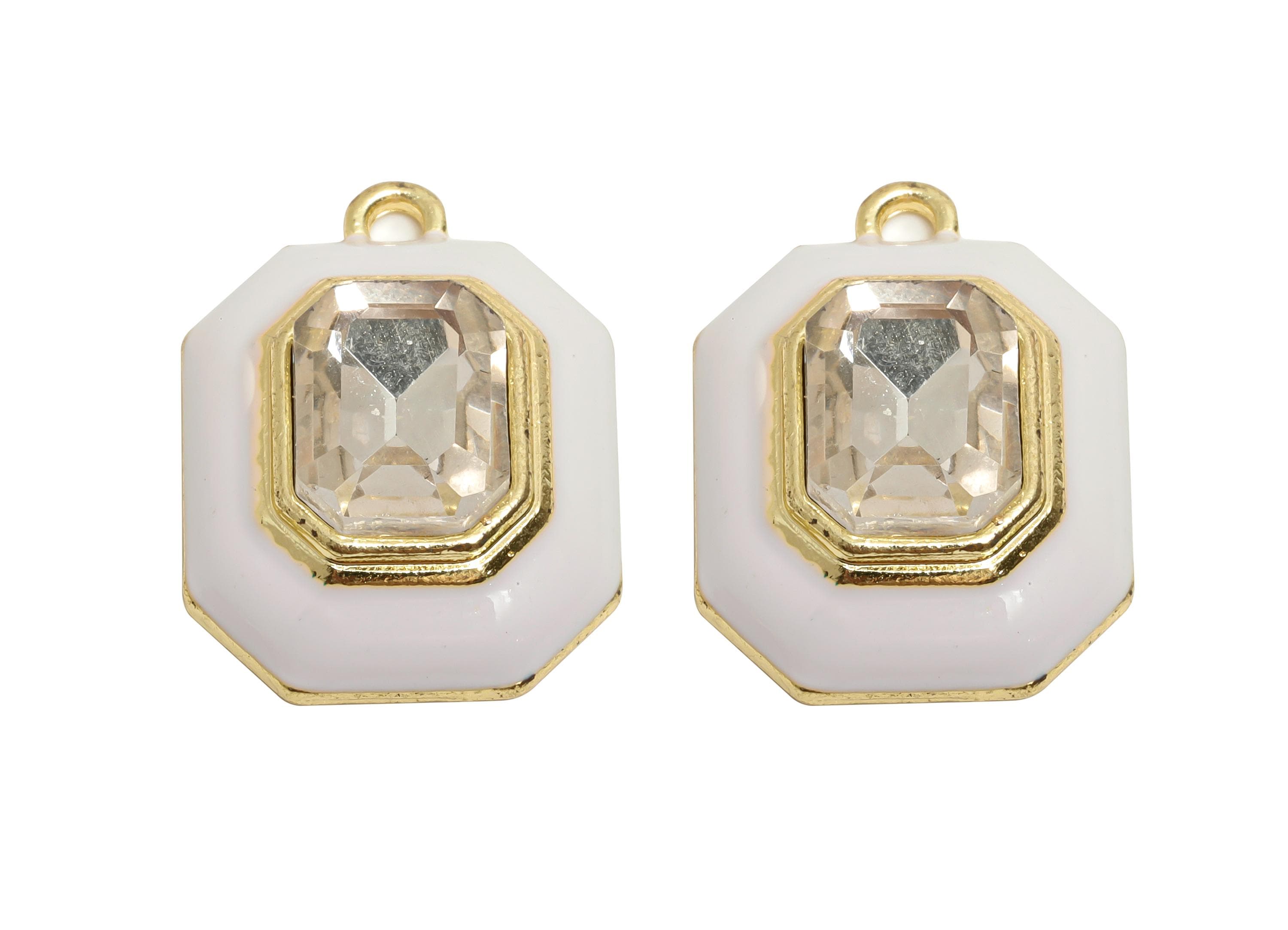 Alloy Octagon Pendant - White Enamel Crystal Charm for Necklace - Dainty Geometric Charm for Jewelry - KC Gold Plated - 22x17x8mm - AC3543C - DOMEDBAZAAR