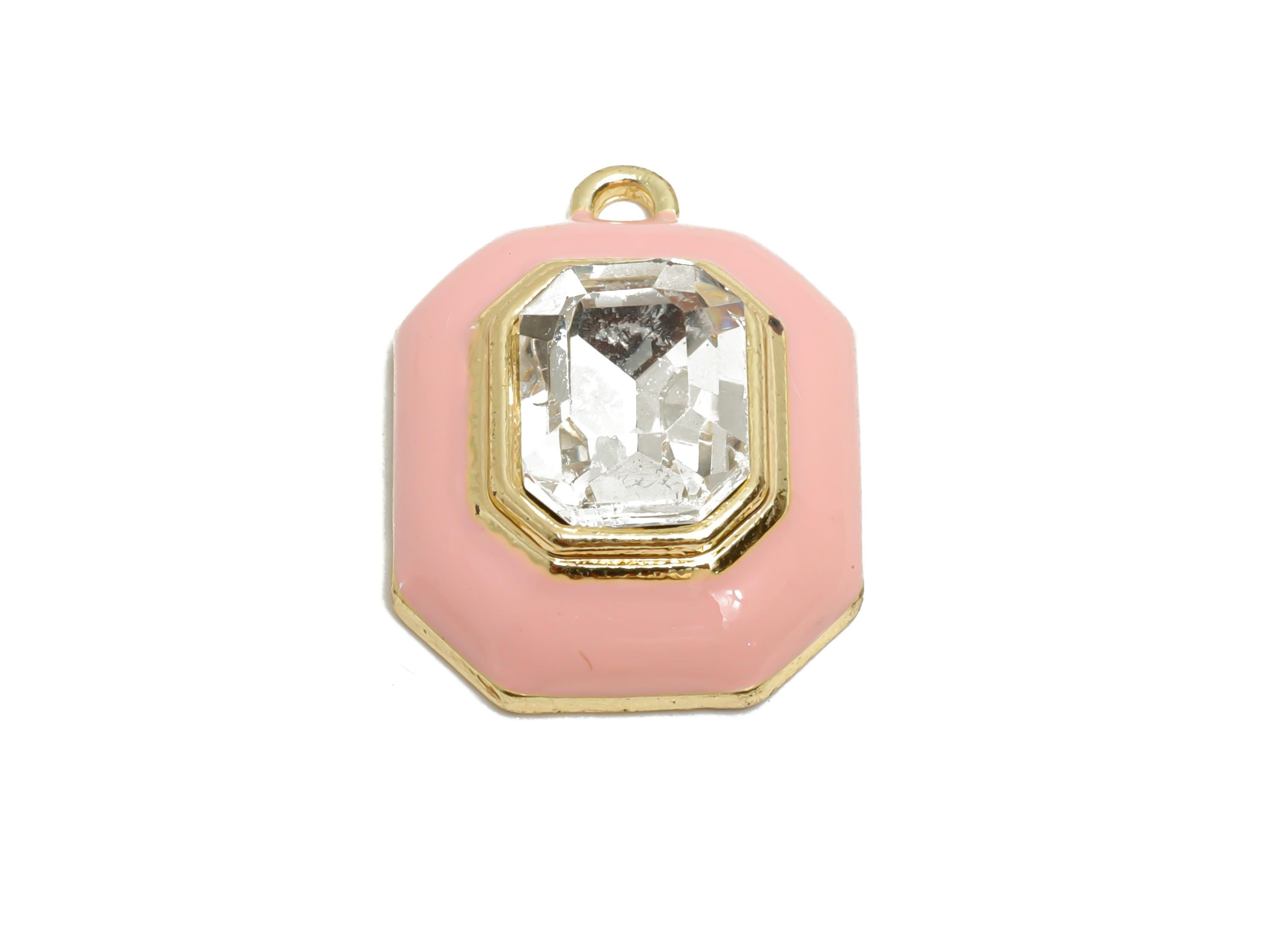 Alloy Octagon Pendant - Pink Enamel Crystal Charm for Necklace - Dainty Geometric Charm for Jewelry - KC Gold Plated - 22x17x8mm - AC3543D - DOMEDBAZAAR