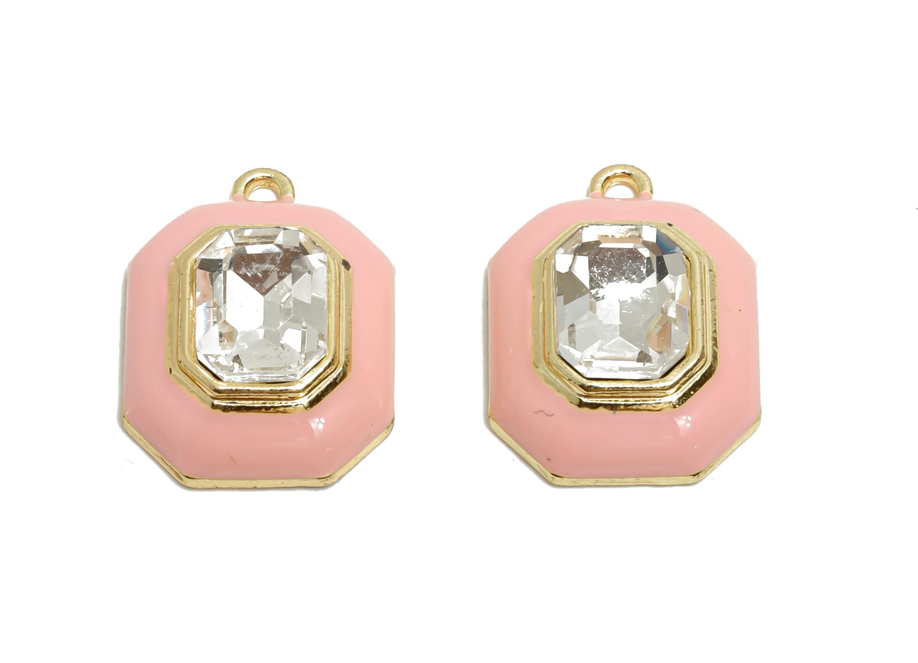 Alloy Octagon Pendant - Pink Enamel Crystal Charm for Necklace - Dainty Geometric Charm for Jewelry - KC Gold Plated - 22x17x8mm - AC3543D - DOMEDBAZAAR