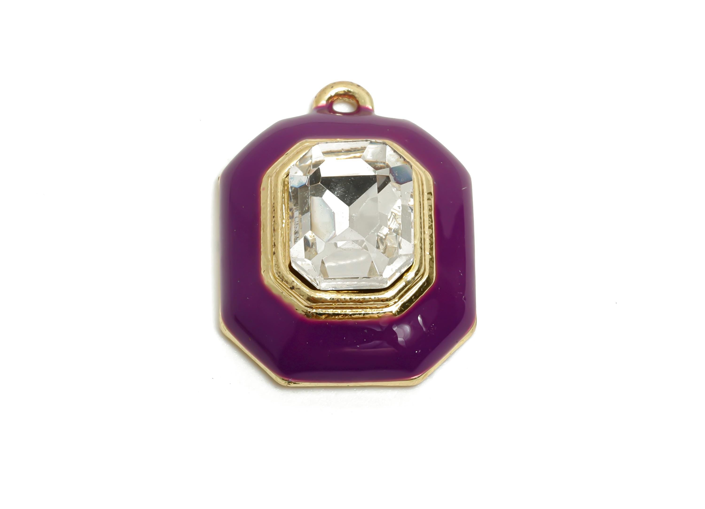 Alloy Octagon Pendant - Purple Enamel Crystal Charm for Necklace - Dainty Geometric Charm for Jewelry - KC Gold Plated - 22x17x8mm - AC3543E - DOMEDBAZAAR